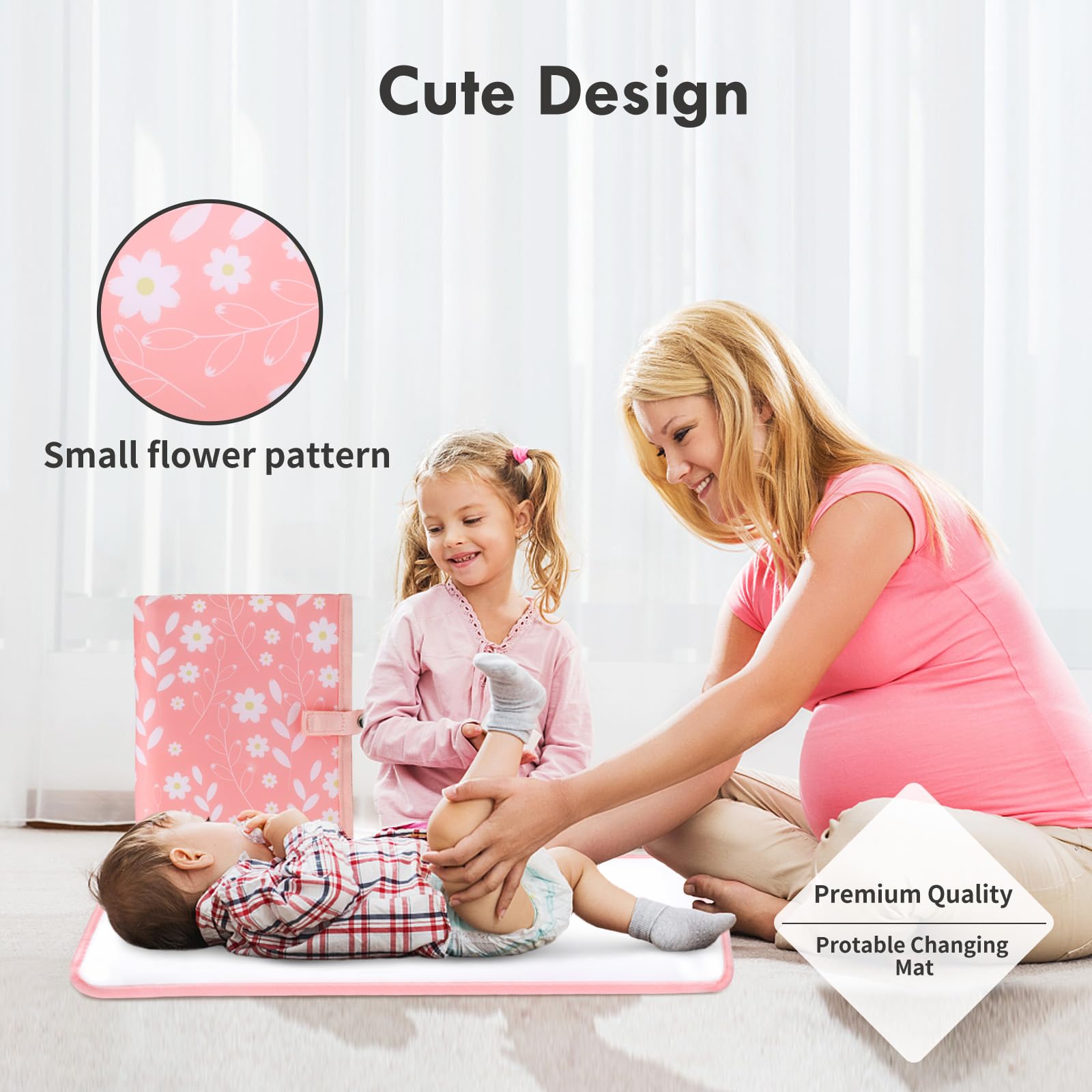 Portable Waterproof Baby Diaper Changing Pad - Compact Travel Changing Mat with Wrist Strap - Wipeable & Lightweight for Diaper Bags (Pink Floral Design) - Perfect for On-the-Go Parents, Air Travel & Outdoor Activities