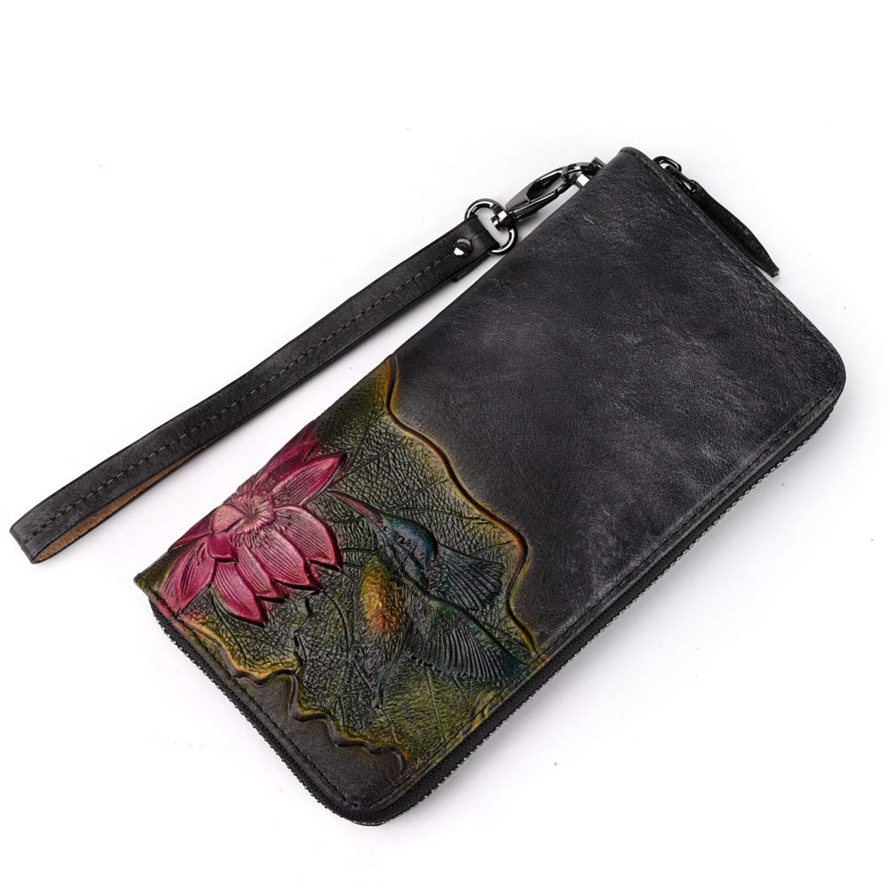 CrazycatZ Women's Genuine Leather Wallet - Vintage Embossed Cowhide Long Purse with Phone Pocket | Handmade Ladies Bifold Wallet for Everyday Use, Travel & Gift Giving