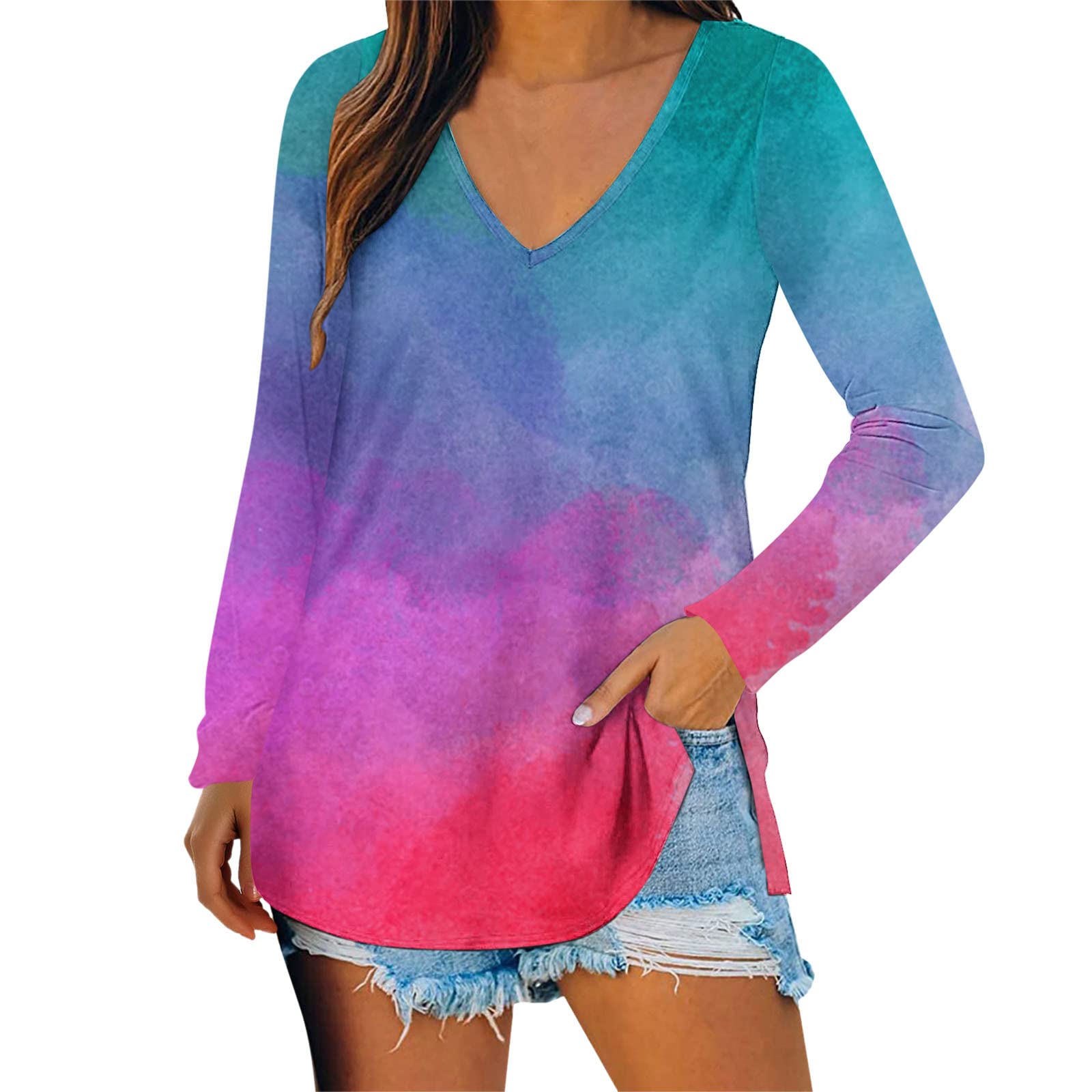 Women's Casual Tie-Dye V-Neck Long Sleeve T-Shirt - Soft Cotton Blouse & Stylish Tee for Everyday Wear | Perfect for Work, Weekend Outings & Layering