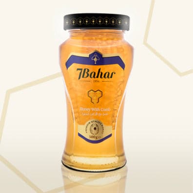 7Bahar Raw Honey with Comb - 500g Pure Natural Unfiltered Honey in Glass Jar - Perfect for Tea, Toast, and Healthy Recipes