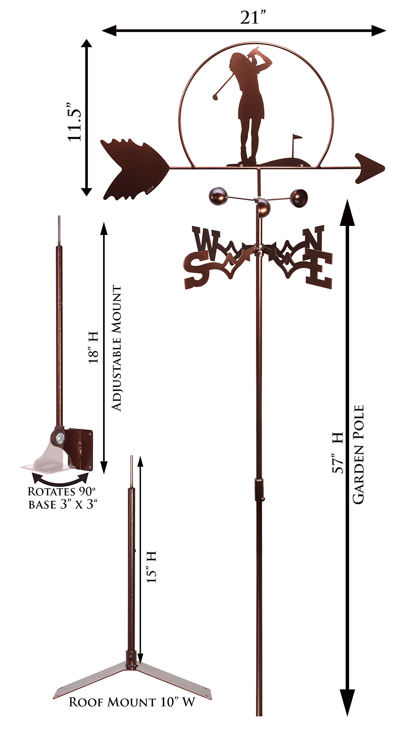 Premium SWEN Female Golfer Golf LPGA Weathervane with Adjustable Mount - Perfect for Outdoor Garden, Yard Decor & Golf Enthusiast Gifts