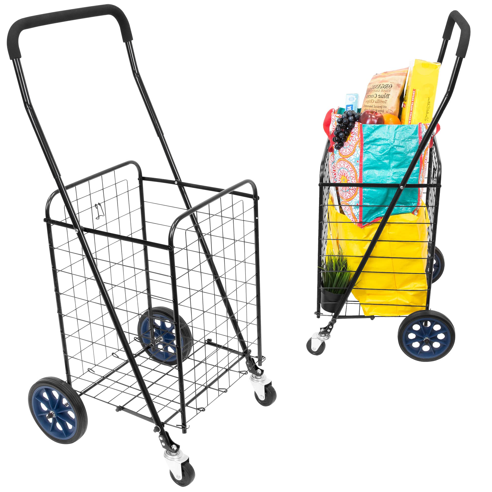 Foldable Shopping Cart with 360° Swivel Wheels - Heavy Duty Portable Grocery Cart with Extended Foam Handle - Supports 66 lbs - Ideal for Groceries, Laundry, Shopping & Storage - Compact Folding Design for Easy Transport & Storage