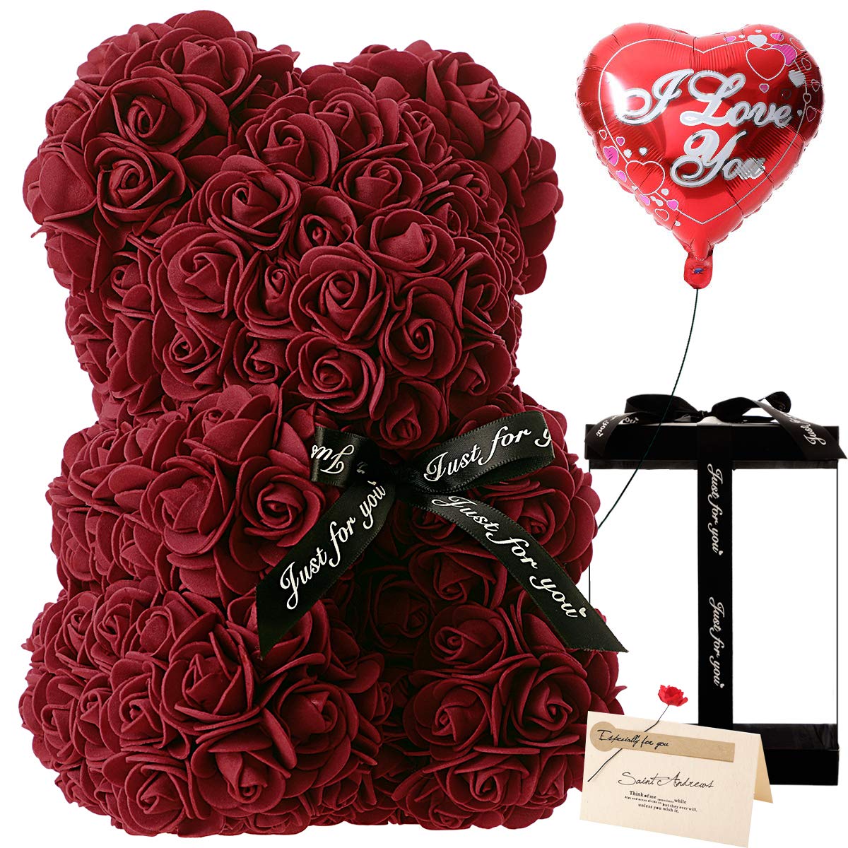 Handmade Rose Teddy Bear Gift for Women - Deep Red Rose Flower Bear with Clear Gift Box & Greeting Card | Perfect for Mother's Day, Valentine's Day, Anniversary & Bridal Showers | Romantic Home Decor & Special Occasion Present