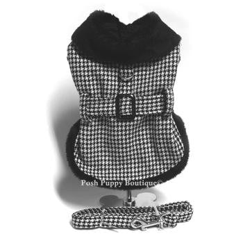 Classic Black and White Houndstooth Dog Harness Coat with Leash - Stylish Winter Outfit for Small to Medium Dogs, Perfect for Daily Walks and Outdoor Adventures