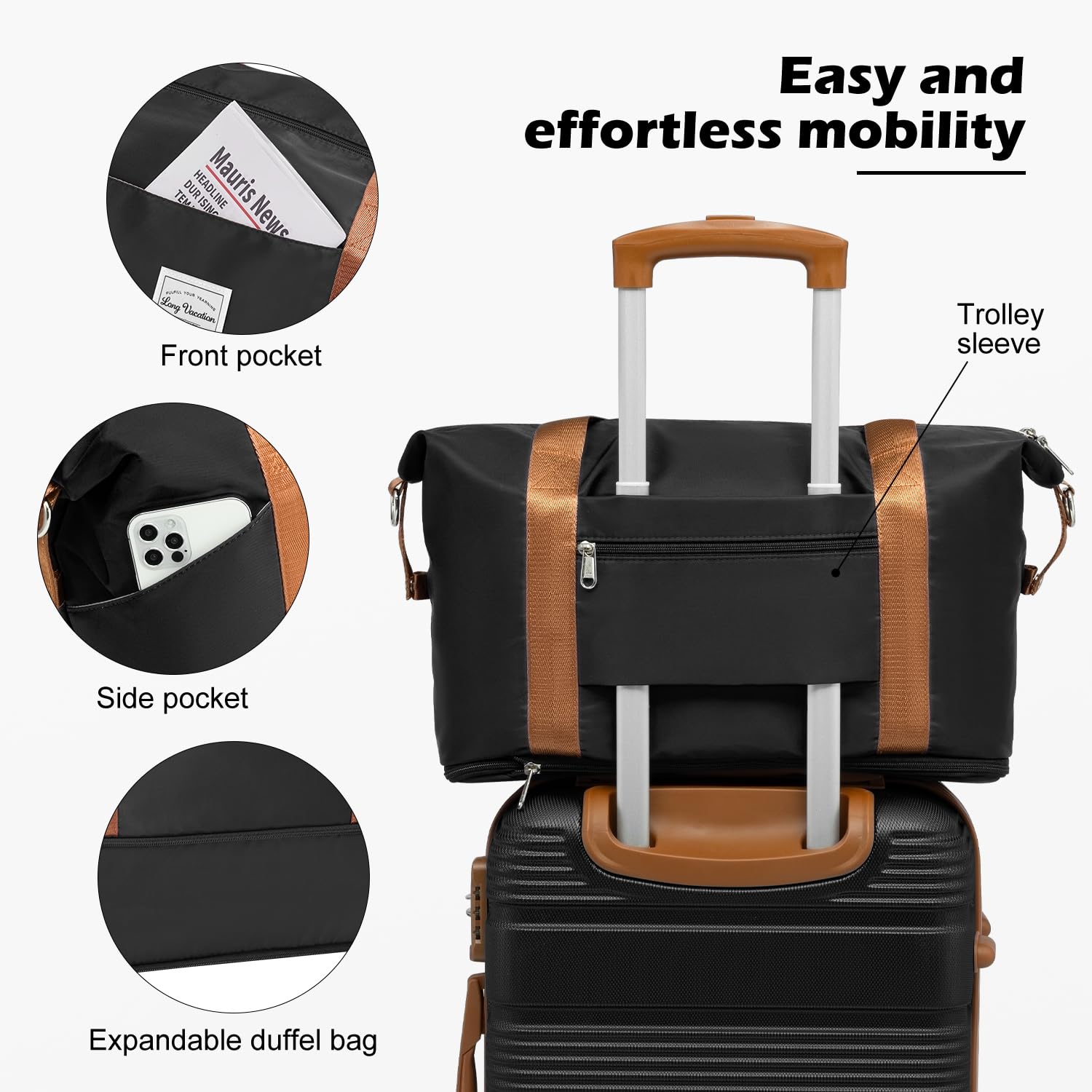 LONG VACATION 6-Piece Lightweight ABS Hardshell Luggage Set with TSA Lock & Spinner Wheels - Black-Brown Carry On Suitcase for Travel, Business Trips & Family Vacations