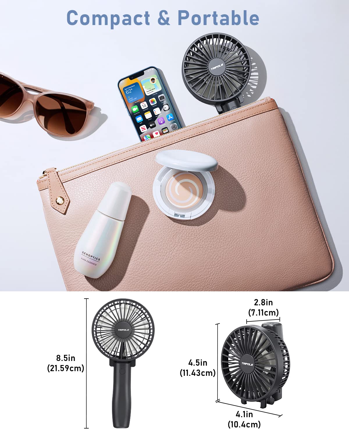 TriPole Rechargeable Handheld Desk Fan - 4800mAh Foldable USB Mini Fan with 3 Speed Settings, 6-21 Hours Runtime, 180° Adjustable - Perfect for Office, Camping, Sports, Travel & Home Use - Black