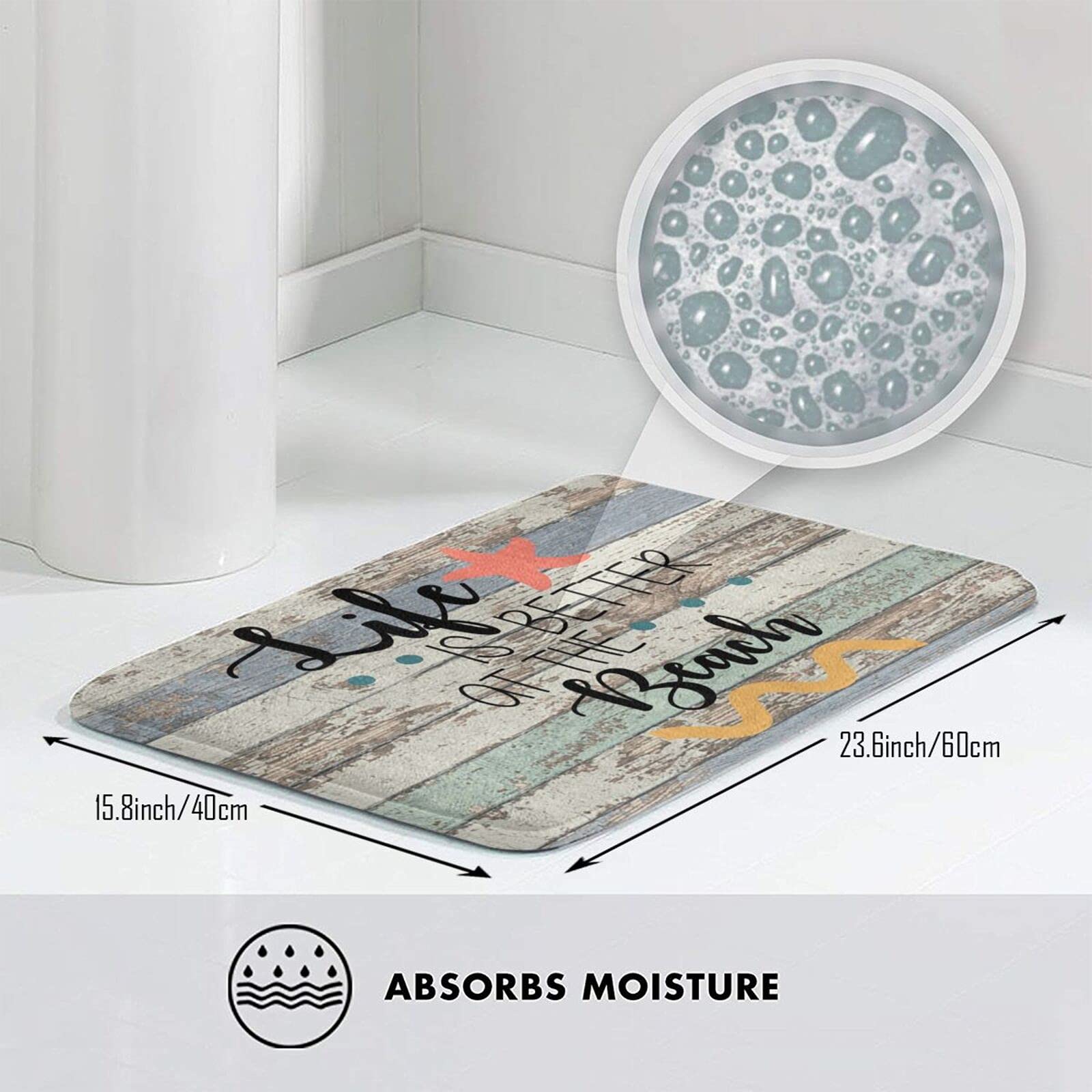 Soft Non-Slip Beach Themed Bath Mat - Absorbent Washable Bathroom Rug for Floor & Kitchen Sink - Cute Home Decor Accessories | Perfect for Coastal Style Bathrooms & Vacation Homes