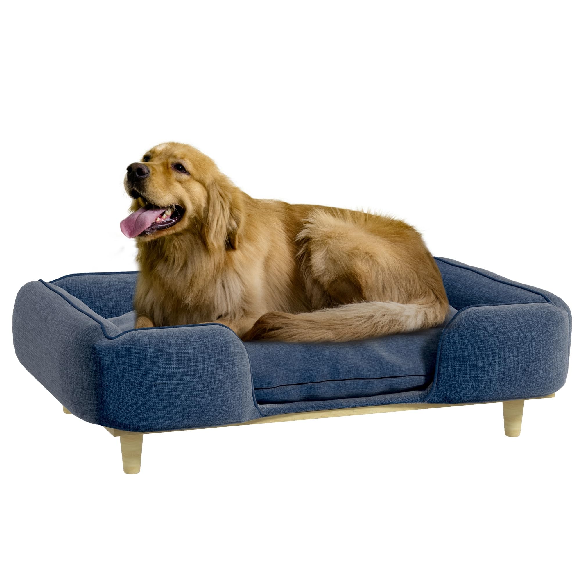 **PawHut Elevated Dog Couch with Plush Cushion – Sturdy Pine Wood Legs & Non-Slip Foot Pads – Indoor Pet Sofa for Large Dogs – Dark Blue – Perfect for Living Rooms, Bedrooms & Pet-Friendly Spaces**