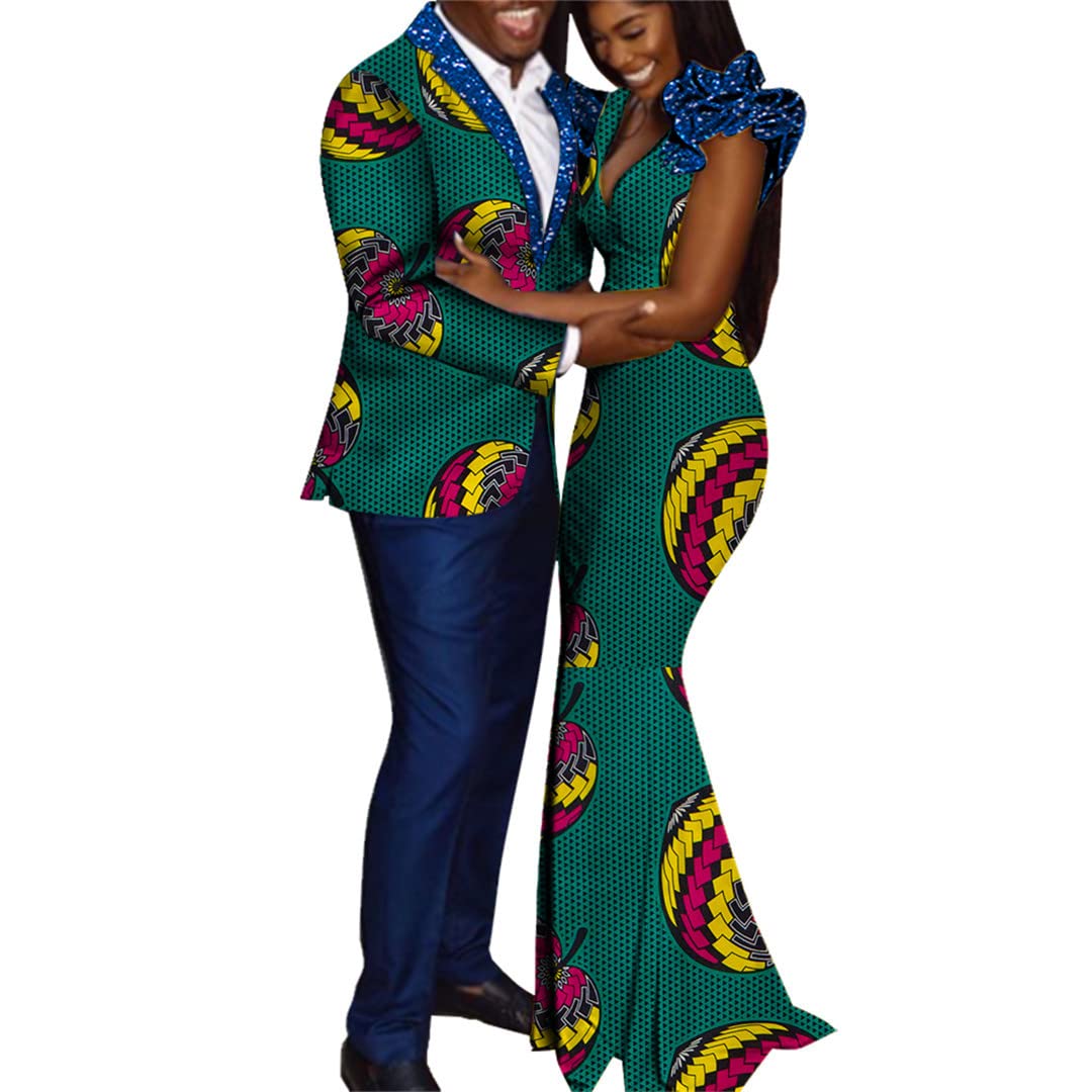 African Dashiki Couple Outfits for Lovers - Matching African Print Tops & Pants + Women's Dress Set - XXL Size 7 - Perfect for Valentine's Day, Anniversary Gifts & Cultural Celebrations