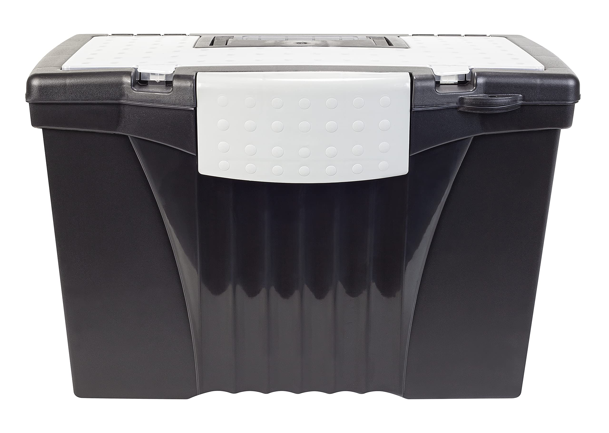 Storex Legal File Box with Organizer Lid – Plastic Office File Storage Box for Letter & Legal Hanging Folders, 17.13 x 9.63 x 11 Inches, Black – Perfect for Office Organization, Document Storage & Home Filing Systems (61510U01C)
