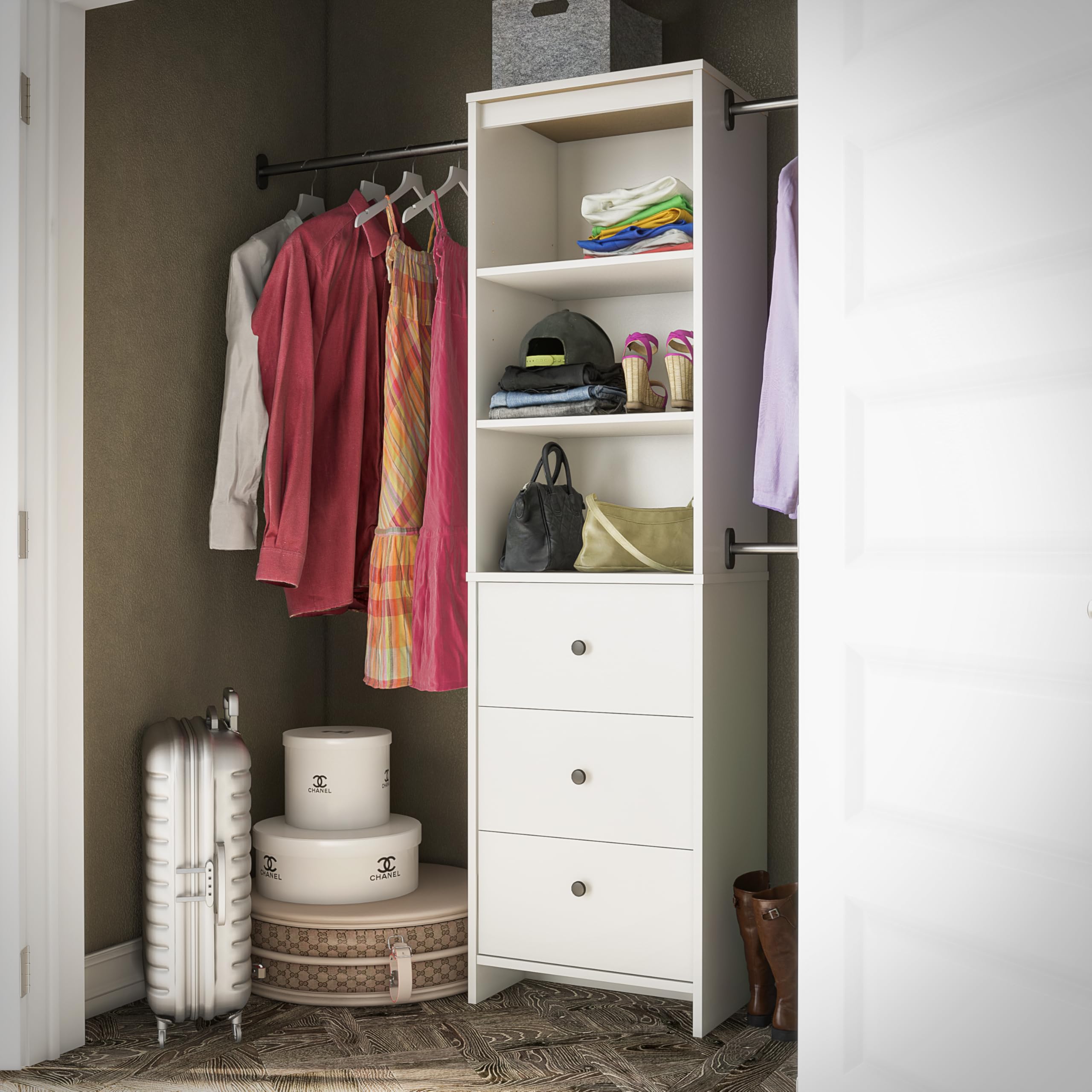 Systembuild Beckett White Closet Storage Organizer - Space-Saving Wardrobe & Closet Organization Solution for Bedrooms, Walk-In Closets & Small Spaces