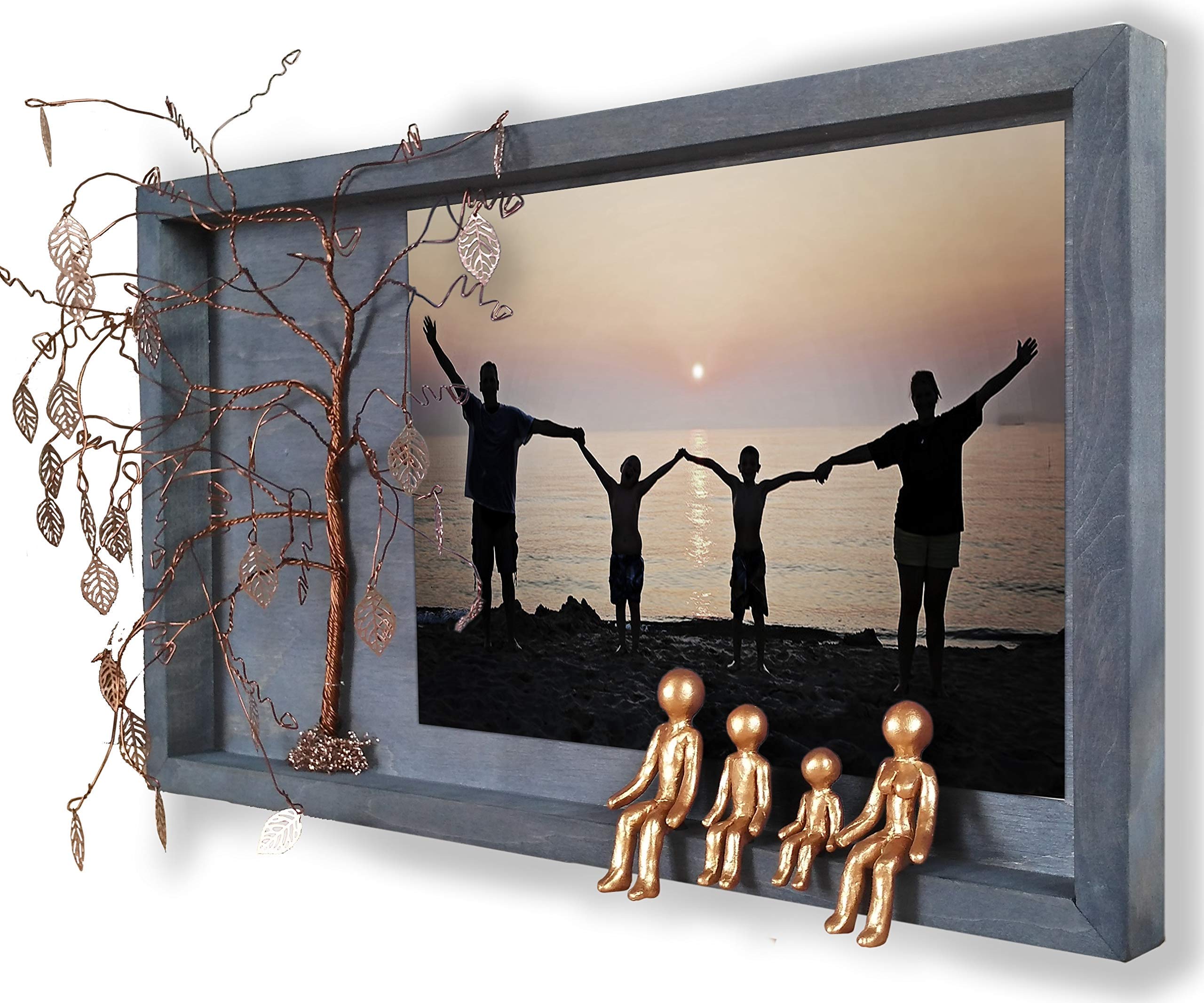 Personalized Bronze Wedding Anniversary Picture Frame Collage - Willow Tree Family of 4 Figurines for 7th, 8th, 19th Year - Unique Christmas Gifts for Wife, In-Laws - Metal Wall Decor for Home & Office