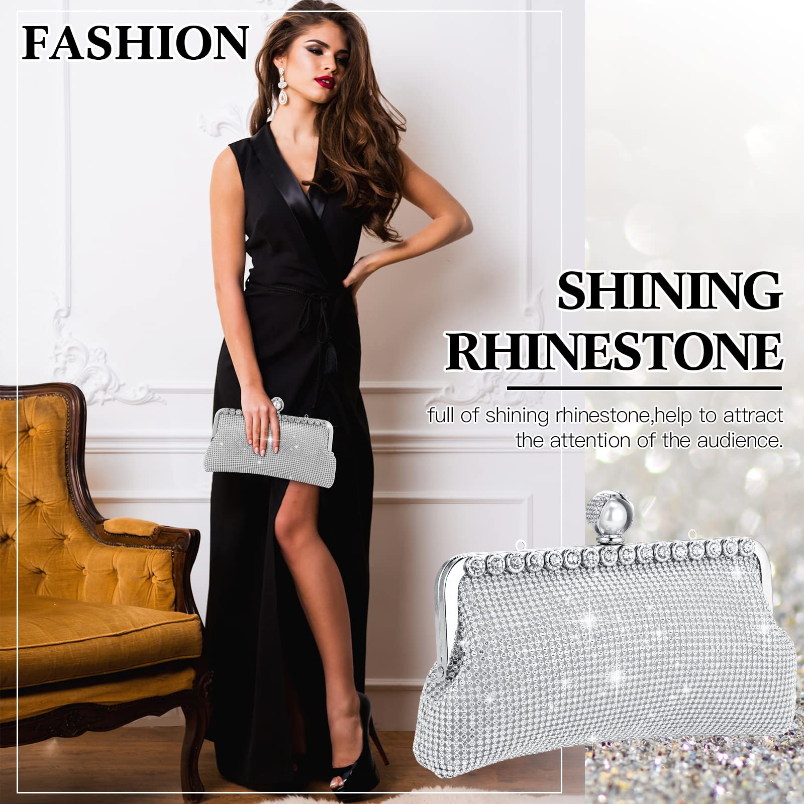Sparkling Rhinestone Evening Clutch Purse for Women - Double Sided Glitter Handbag with Chain Strap, Crossbody & Shoulder Bag for Wedding, Party, Prom, Date Night & Special Occasions
