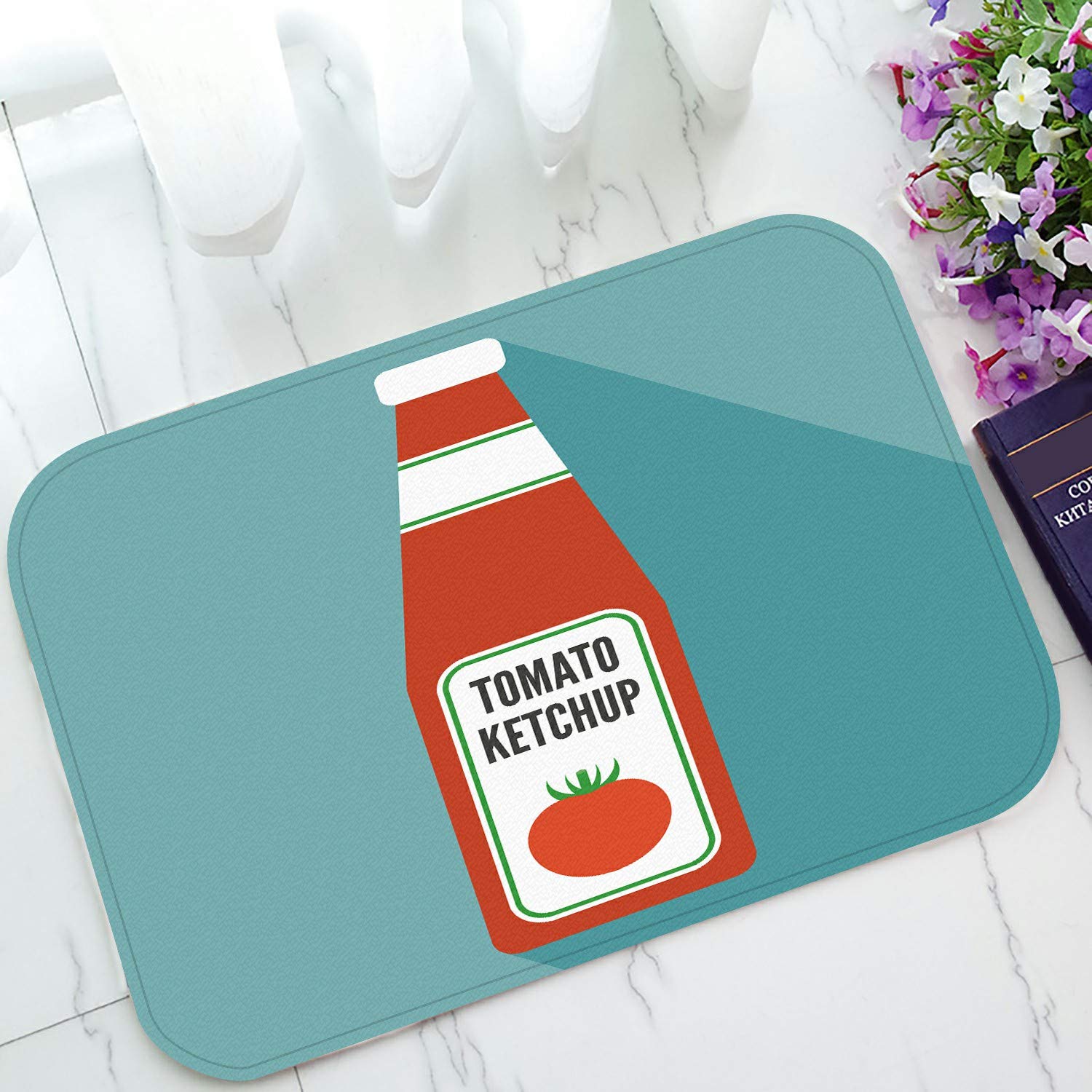 Non-Slip Tomato Ketchup Welcome Doormat - 23.6x15.7 Inch Absorbent Bath & Entrance Rug - Funny Kitchen Decor for Home, Restaurant, or Cafe Entrance - Perfect for Indoor/Outdoor Use