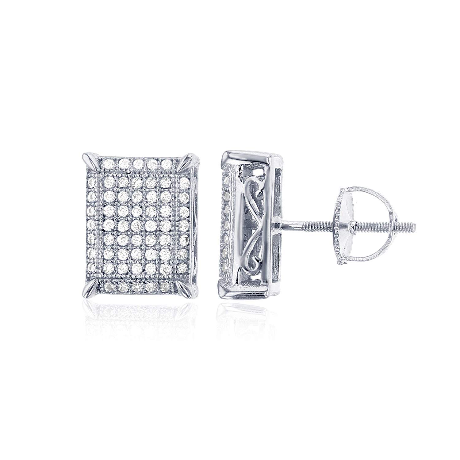 Sterling Silver Micropave Rectangle Screw Back Stud Earrings for Women - Elegant Minimalist Jewelry for Everyday Wear, Parties & Special Occasions