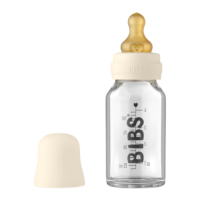 BIBS Baby Glass Bottle Complete Set - 110ml (4oz) BPA-Free Infant Feeding Bottle with Natural Rubber Nipple | Ivory - Perfect for Newborns, Breastfeeding & Formula Feeding at Home or On-the-Go
