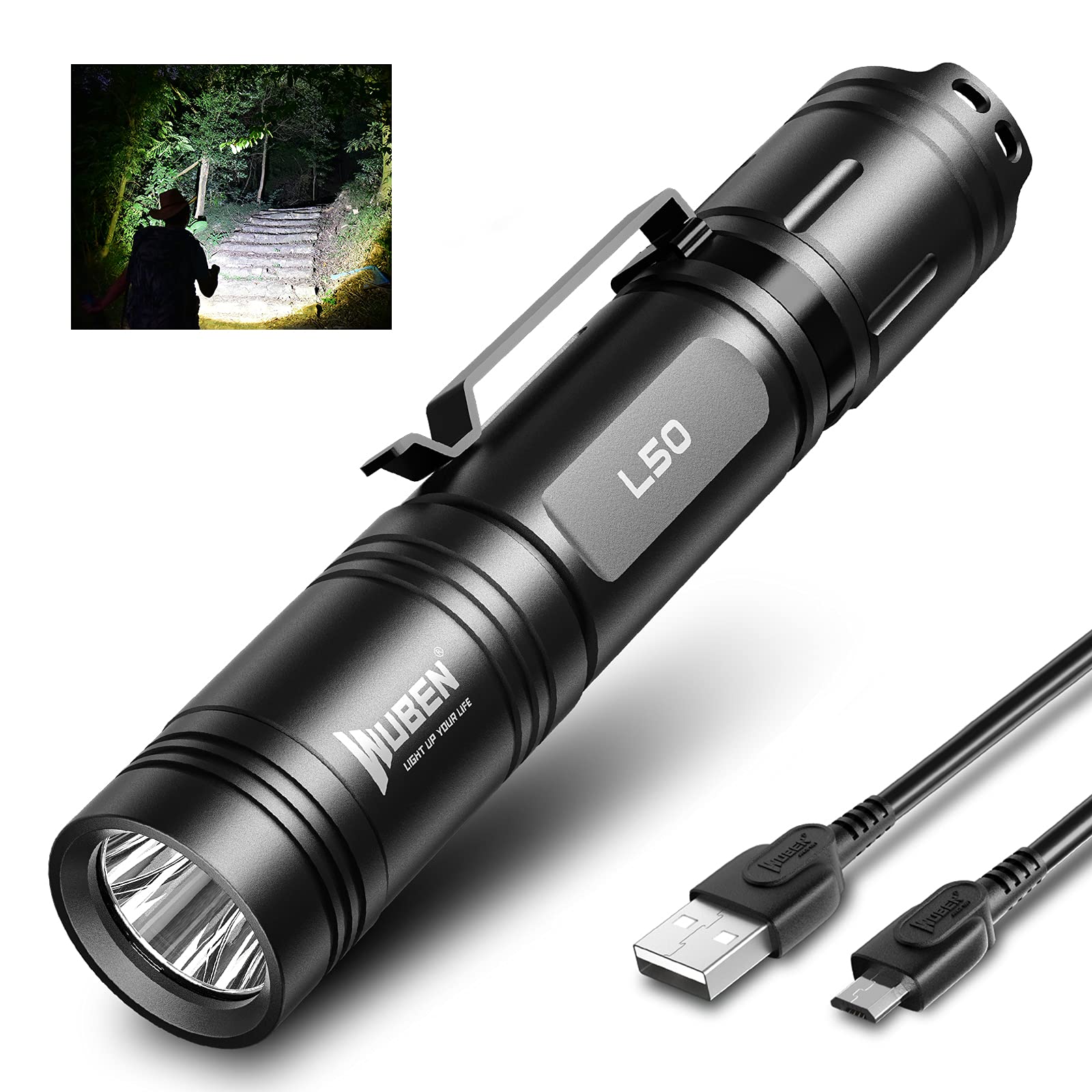 1200 Lumens Rechargeable Tactical Flashlight - USB-C Waterproof IP68 LED Flashlight with 5 Modes (High/Low/Strobe/SOS/Beacon) for Emergency, Outdoor, Camping, Hunting & Home Use - Compact EDC Flash Light for Power Outages, Night Hiking & Car Repair