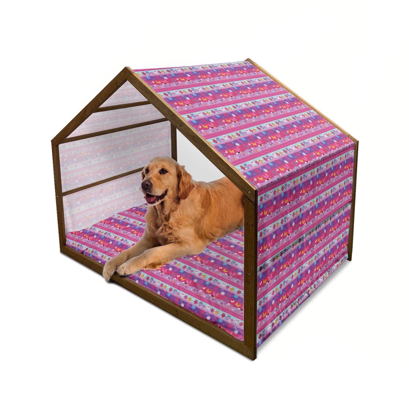 Ambesonne Owl Themed Wooden Dog House - Striped Cartoon Design with Owls, Flowers, Butterflies, Hearts & Snowflakes - Indoor/Outdoor Portable Pet Kennel with Removable Pillow & Cover - X-Large Size, Multicolor - Perfect for Backyard, Patio or Living Room Pet Shelter