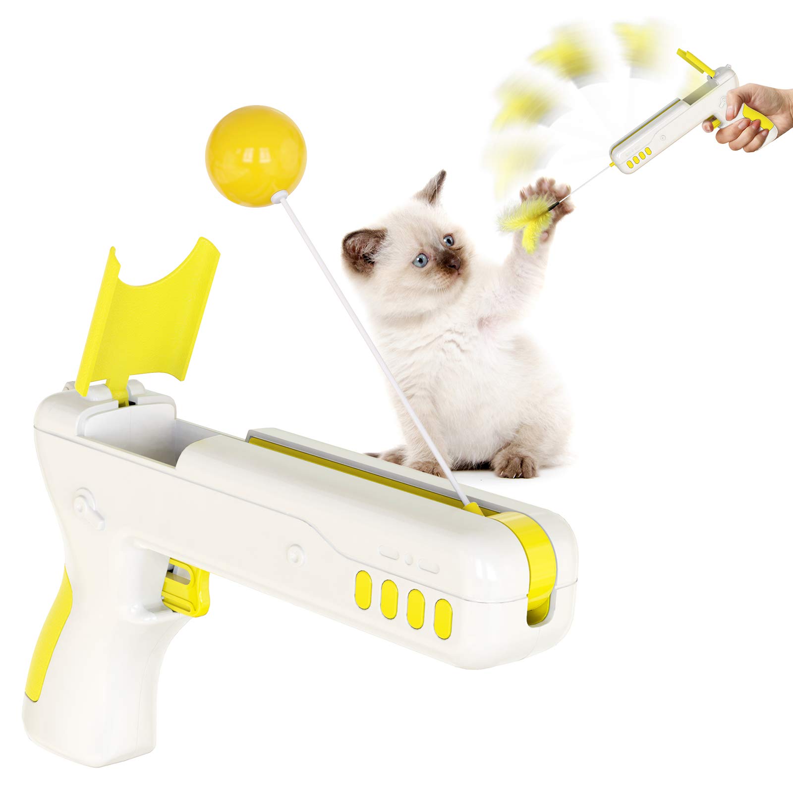 Interactive Cat Toys with Catnip Feather Ball - Bounce Gun & Balance Chasing Toy for Indoor Kitten Exercise & Puzzle Play (Yellow) | Perfect for Playtime, Training & Mental Stimulation