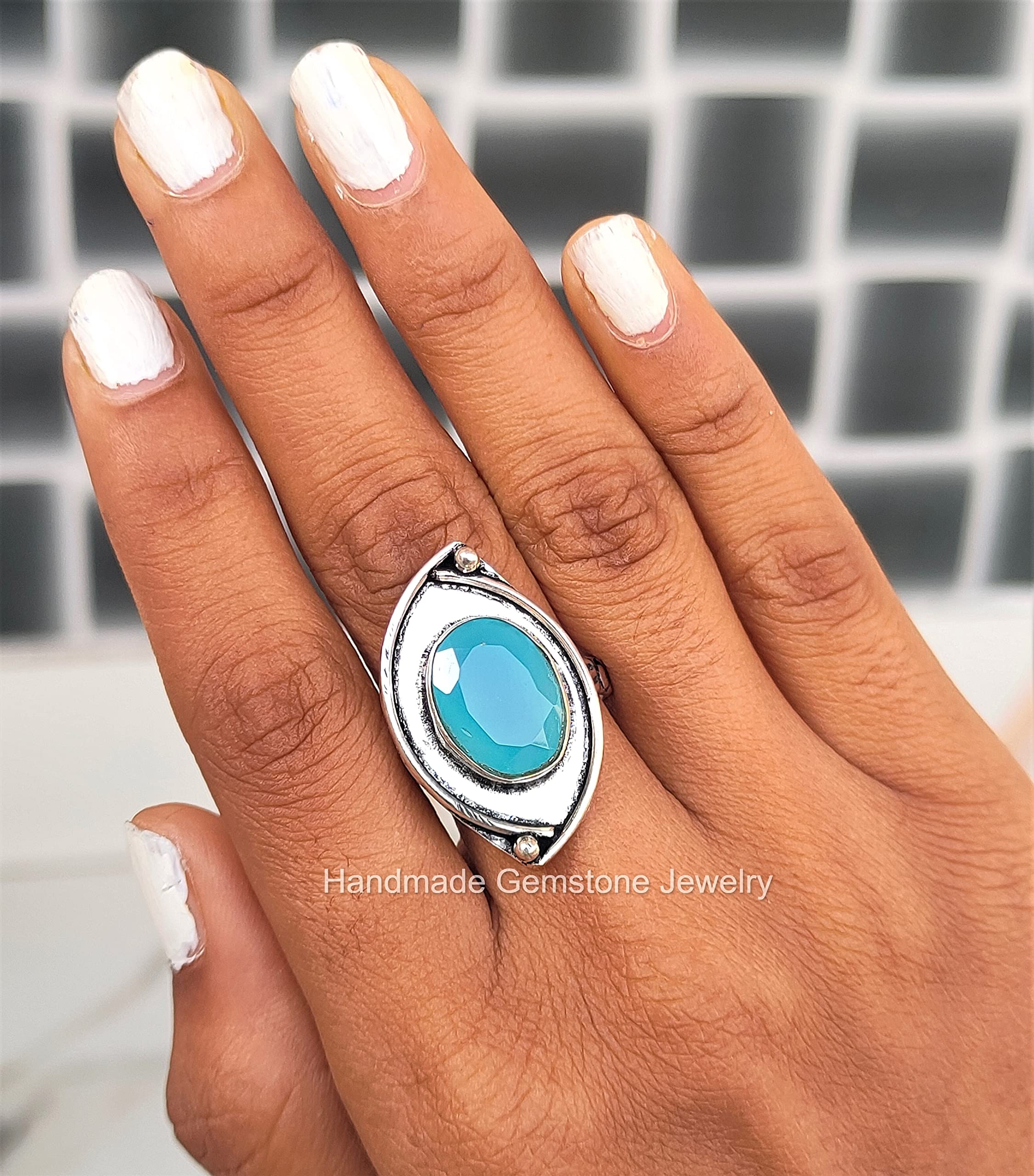 Blue Chalcedony Ring - Oval Faceted Stone Designer Band for Wedding, Promise & Unisex Jewelry | Unique Handcrafted Gemstone Ring for Everyday Wear & Special Occasions
