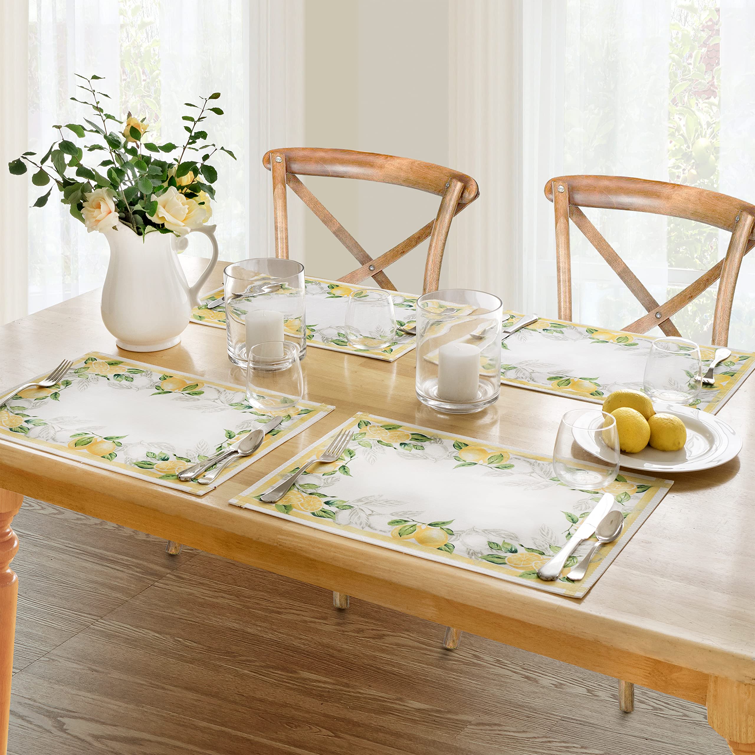 Newbridge Rectangle Fabric Placemats Set of 4 - Stain Resistant No-Iron Indoor/Outdoor Table Mats in Lemon Orchard Print with Fresh Lemon and Citrus Leaf Design - Perfect for Dining Tables, Kitchen Decor, and Outdoor Entertaining