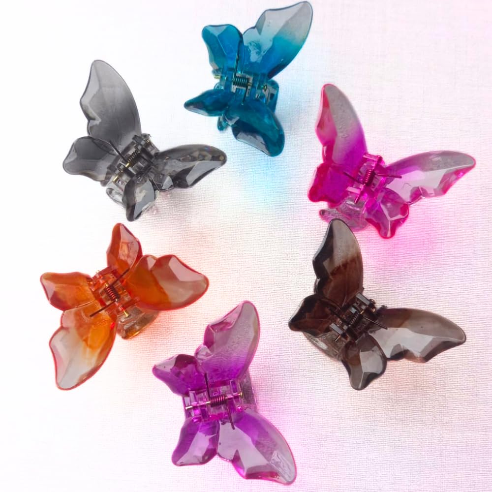 RSJ TRADERS - 6 Pcs Crystal Butterfly Hair Claw Clips, Jaw Clips Hair Accessories for Women & Girls, Plastic Hair Clamps (Random Colors) - Perfect for Parties, Weddings, School & Daily Hairstyling
