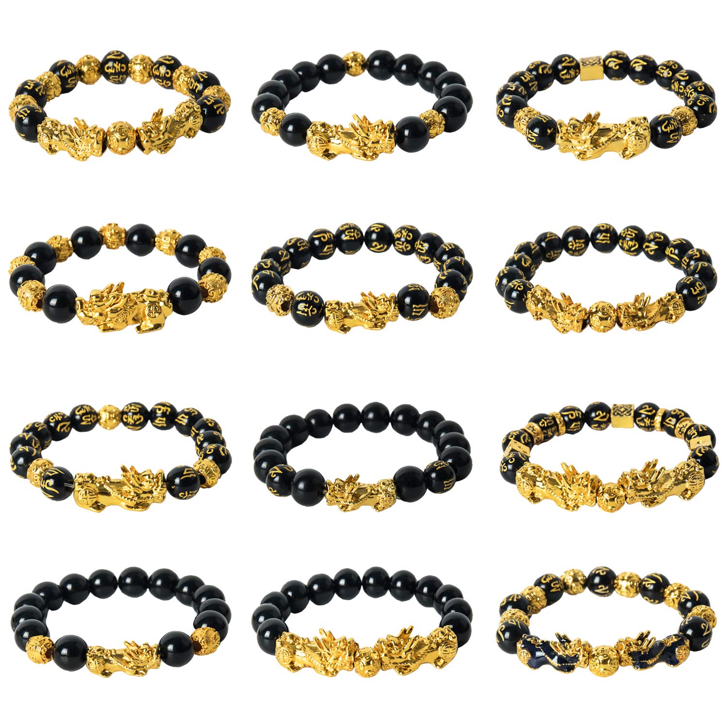 12-Piece Feng Shui Lucky Bracelet Set for Men & Women - Hand Carved Obsidian Wealth Bracelet with Pi Xiu Amulet - Perfect for Meditation, Gift Giving & Positive Energy Attraction