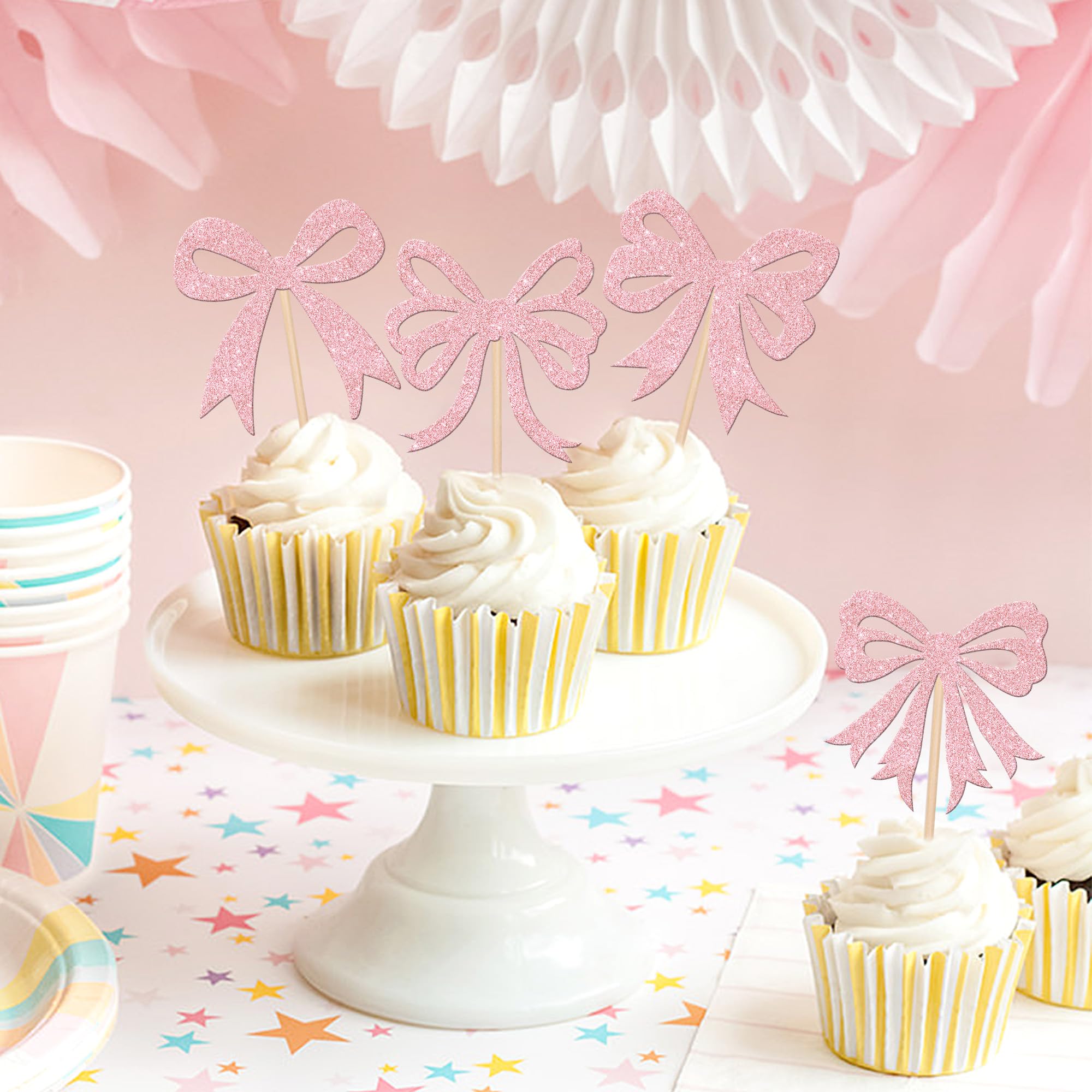 24 PCS Glitter Light Pink Bow Cupcake Toppers - Elegant Bowknot Cupcake Picks for Girls Birthday Party, Bridal Shower, Baby Shower & Bachelorette Party Decorations - Perfect for Wedding, Birthday Cakes & Dessert Table Decor
