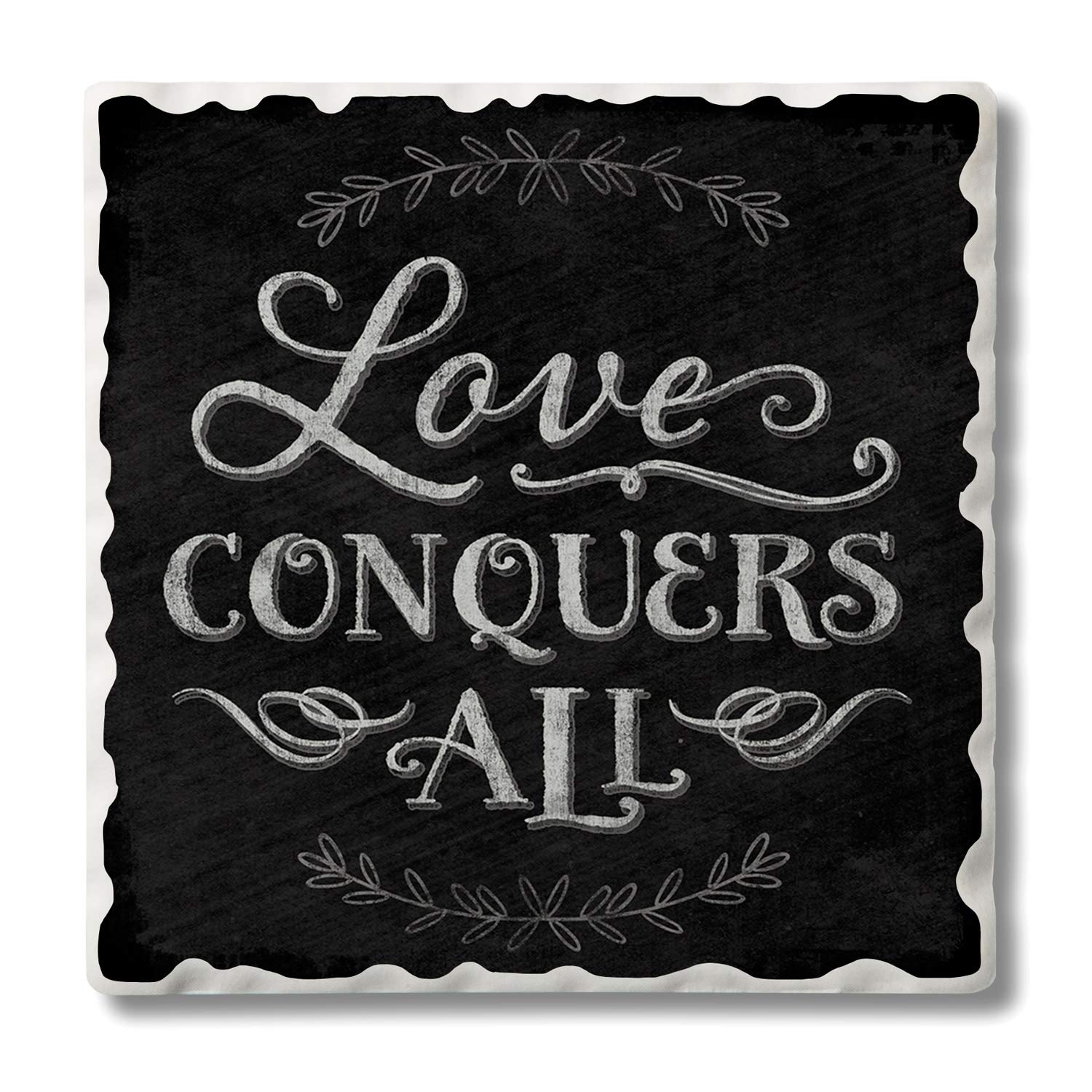 Love Conquers All Chalkboard Coaster - Single Drink Coaster for Coffee, Beer & Wine - Perfect for Weddings, Anniversaries & Romantic Gifts