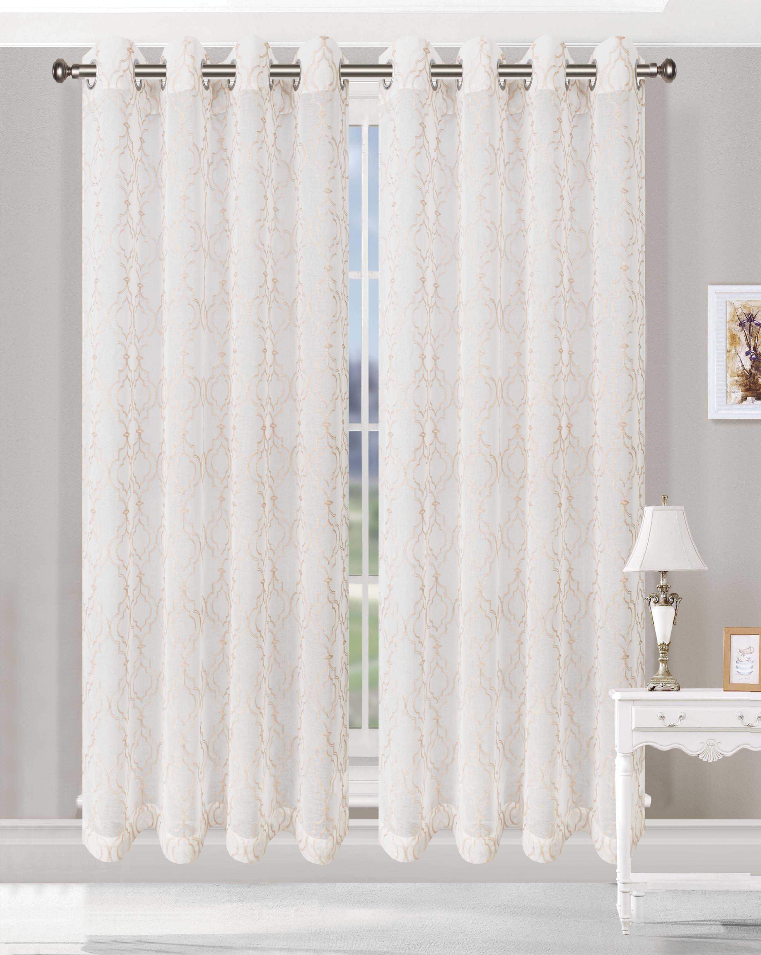 Embroidered Imperial Trellis Sheer Grommet Curtain Panel Set - Elegant Window Treatment for Living Room & Bedroom - Light Filtering & Privacy