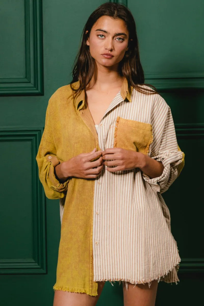 BiBi Washed Raw Hem Shirt - Trendy Distressed Denim Top for Women | Perfect for Casual Outings, Street Style & Layering