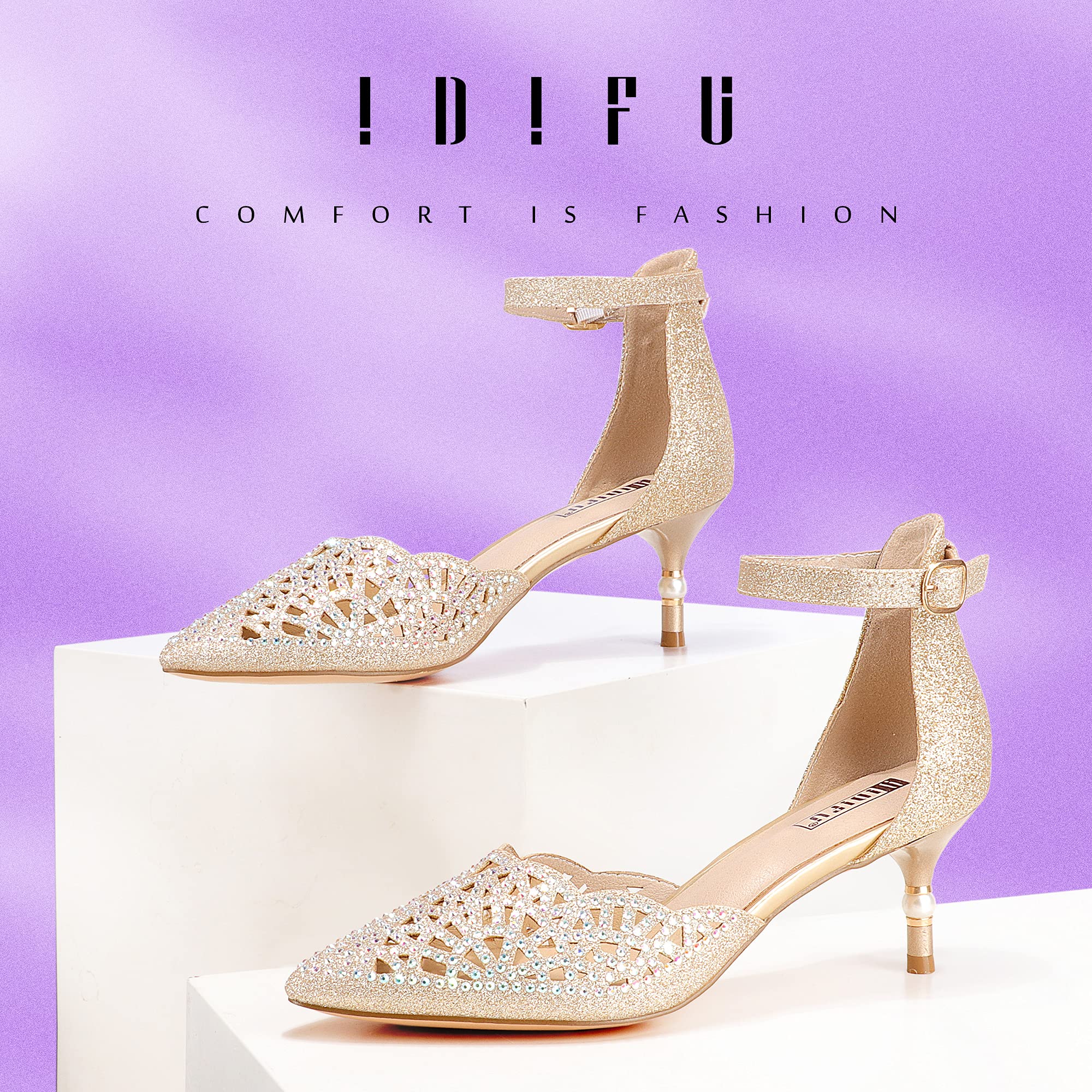 IDIFU Women's Rhinestone Sequins Kitten Heel Wedding Shoes - Elegant Low Heel Bridal Pumps for Bride, Evening Party & Special Occasions