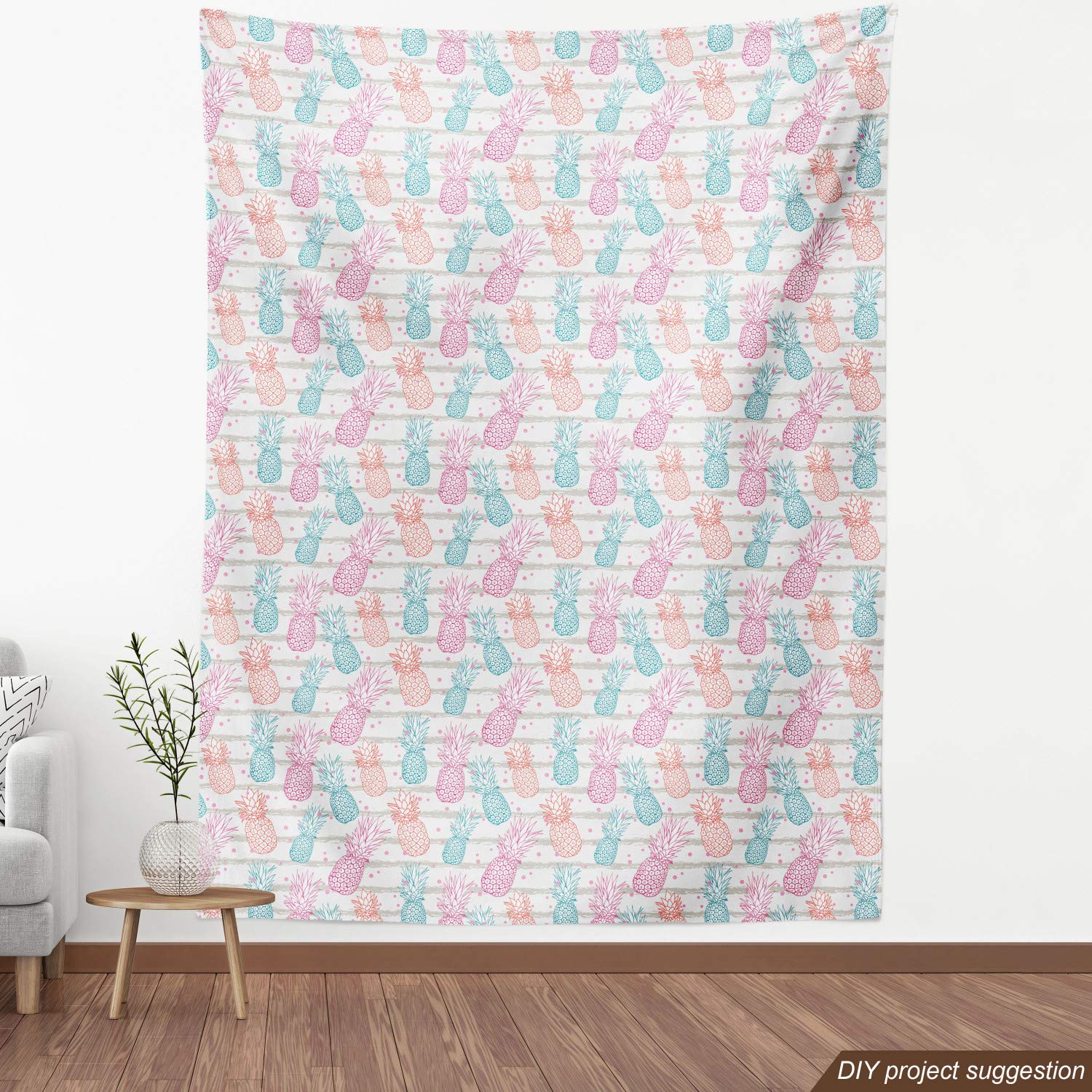 Ambesonne Tropical Fabric by The Yard - Hand-Drawn Pineapple Print on Dotted & Striped Background | Decorative Upholstery & Home Decor Fabric | 10 Yards Pink Coconut | Perfect for DIY Pillows, Curtains & Boho Home Decor