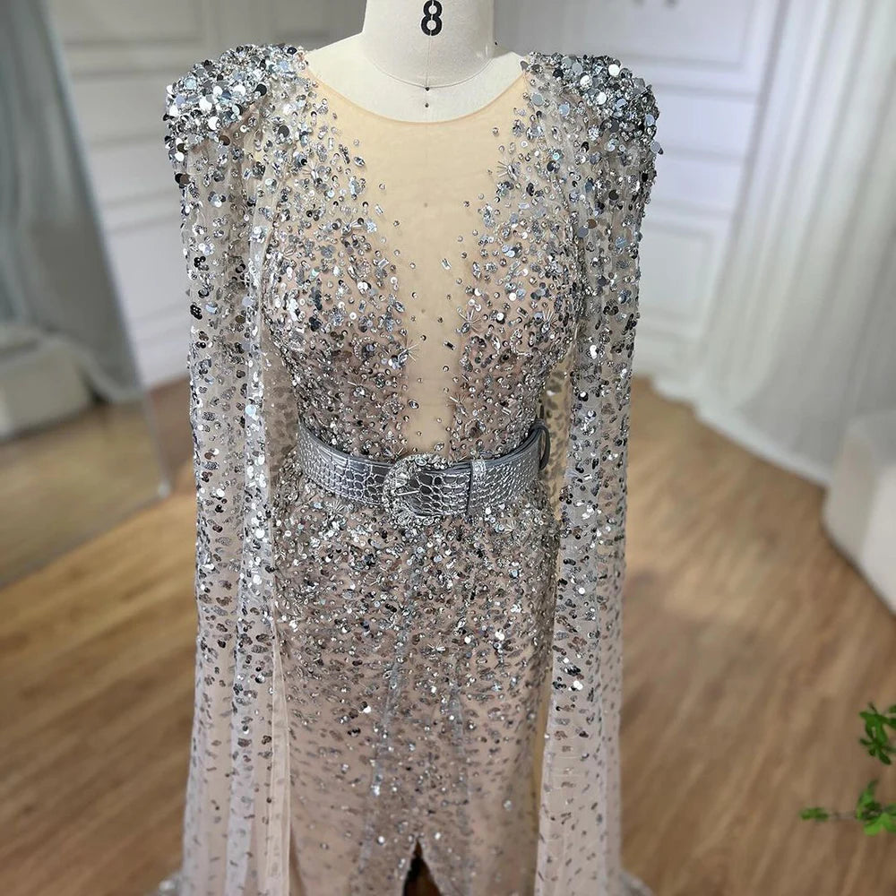 Serene Hill Nude Mermaid Evening Gown with Luxury Cape Sleeves - Beaded Elegant Backless Dress for Women's Party 2025 LA71561 | Perfect for Prom, Gala, Red Carpet & Formal Events