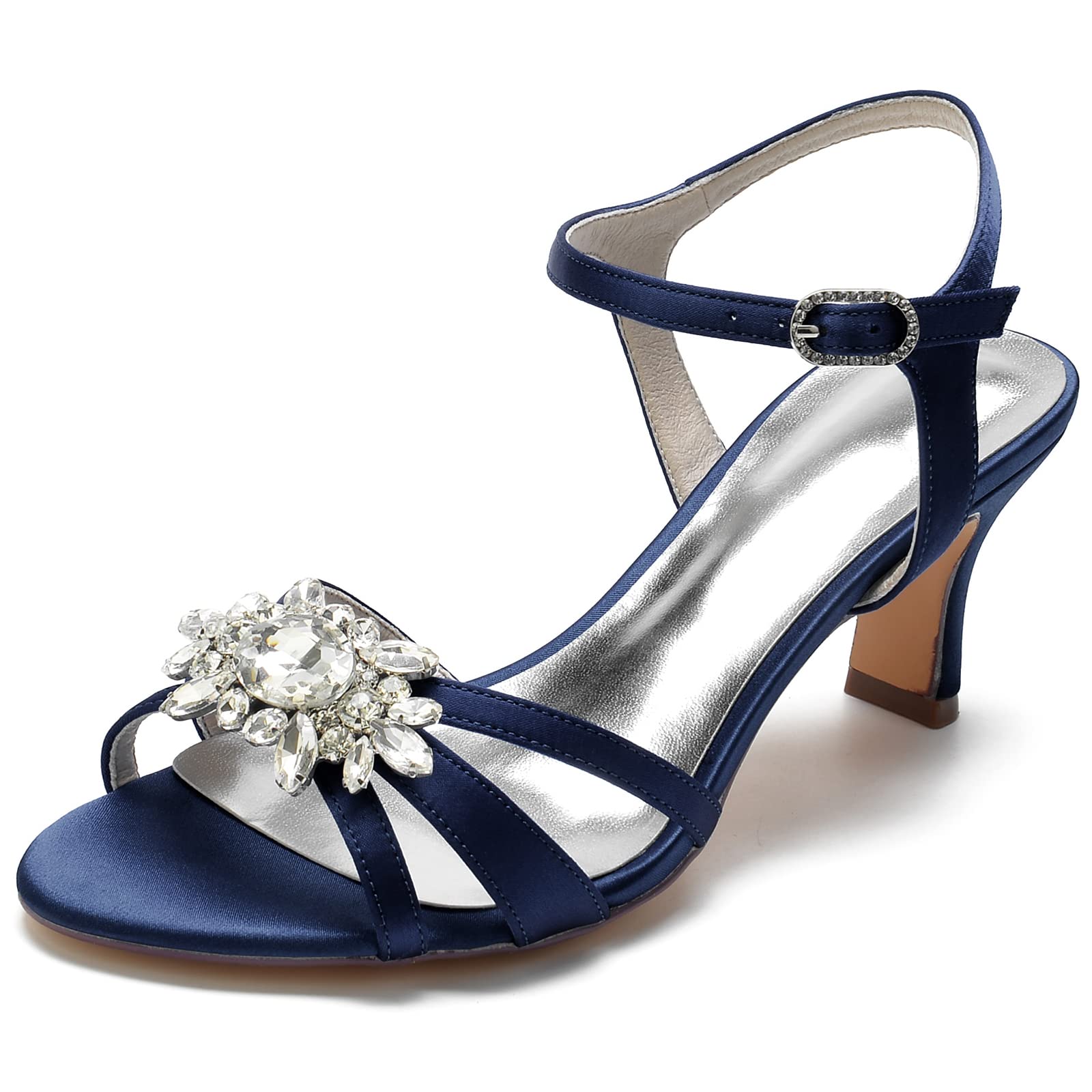 Sparkly Rhinestone Women's Wedding Shoes - Chunky Mid Heels, Peep Toe Prom Pumps with Comfortable Rubber Sole (Navy, Size 6.5) | Perfect for Bridal, Prom, Evening Parties & Special Occasions