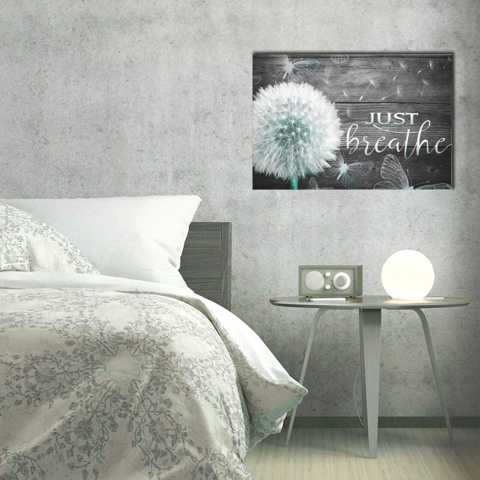 BOLDROLE Just Breathe Gray Dandelion Canvas Wall Art - 16x24 Inch Framed Ready to Hang Floral Print for Living Room, Bathroom, Bedroom & Office Decor - Perfect for Home, Spa Relaxation & Meditation Spaces