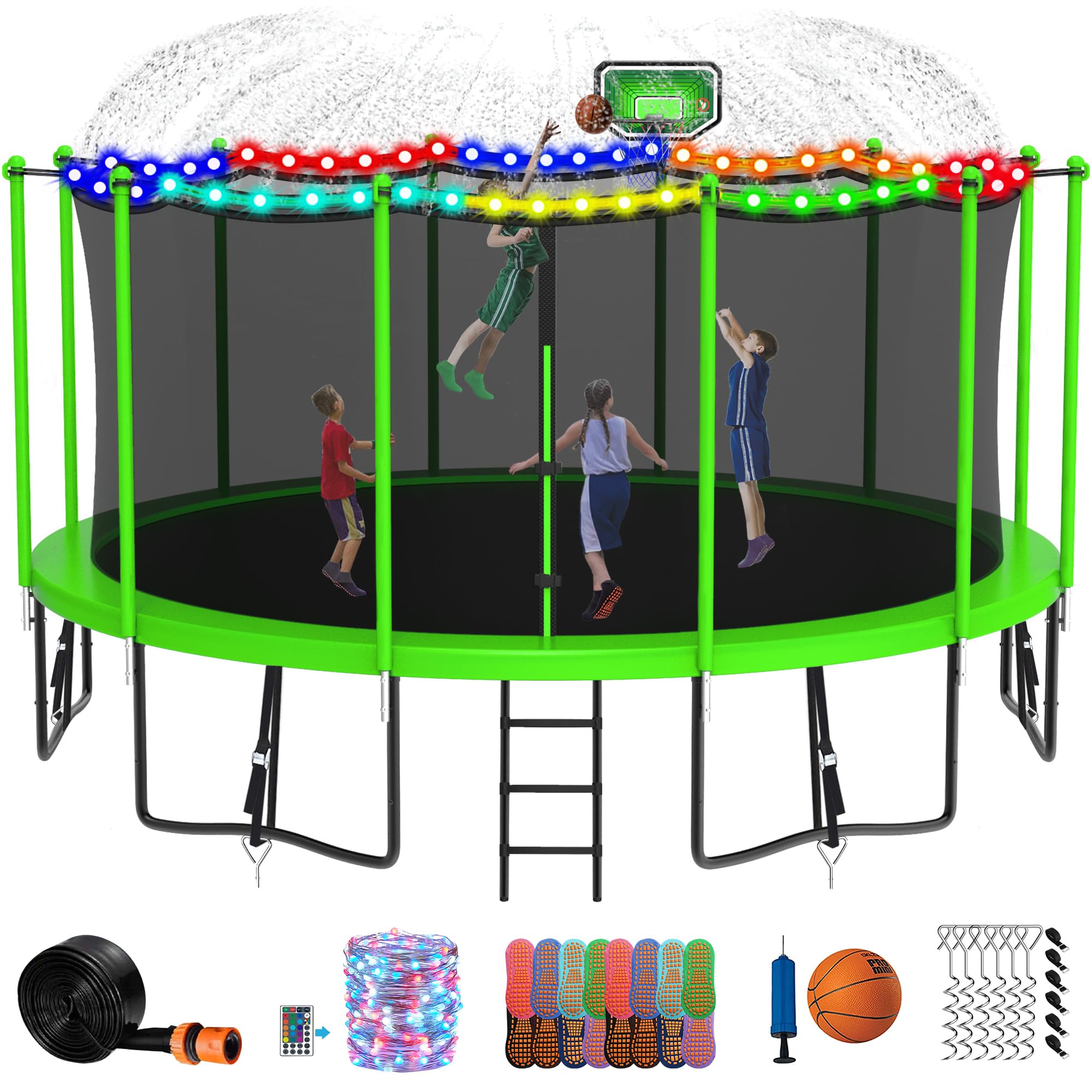 **DeepRoar Trampoline for Kids & Adults - 8FT to 16FT Heavy Duty Trampoline with Basketball Hoop, Safety Enclosure Net, LED Lights, Sprinkler & Socks - ASTM Approved (1500LBS Capacity) - Perfect for Backyard Fun, Exercise & Family Outdoor Activities**