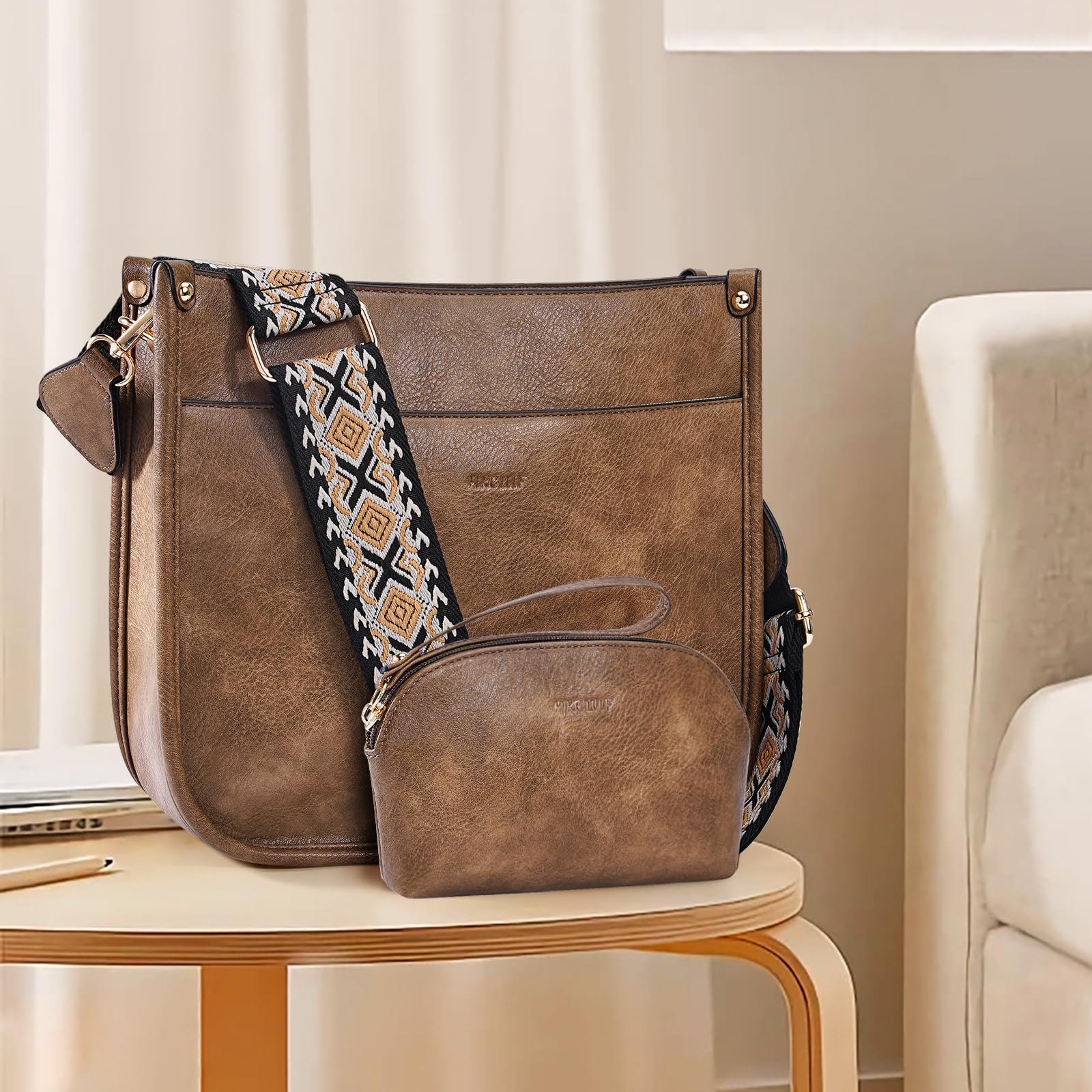 HKCLUF Women's Leather Crossbody Bag & Wallet Set - 2-Piece Hobo Handbag with Adjustable Guitar Strap - Perfect for Travel, Shopping & Everyday Use