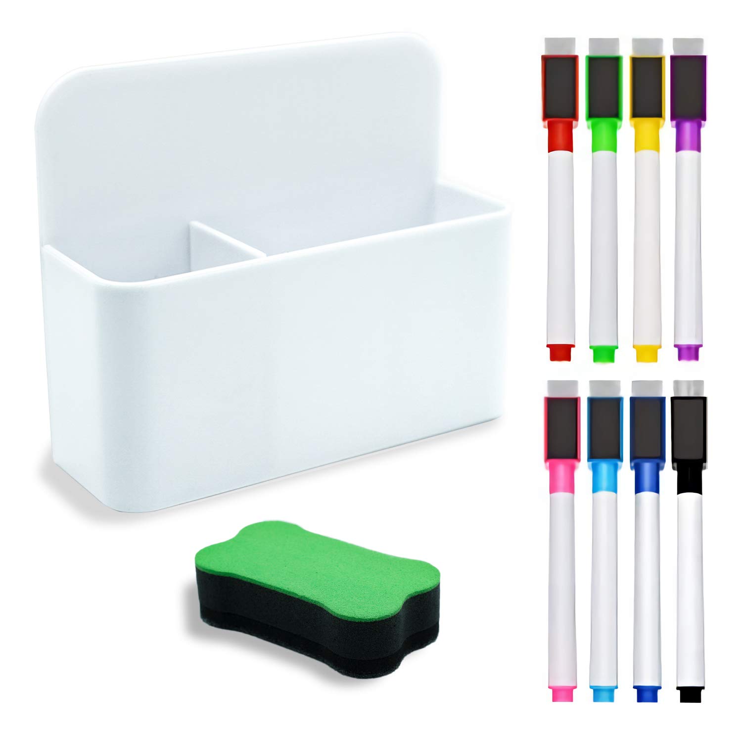 Magnetic Dry Erase Marker Holder Set - 8 Pack Whiteboard Markers with Eraser Caps & Magnetic Whiteboard Eraser - Perfect for Office, Classroom, and Home Organization (White)