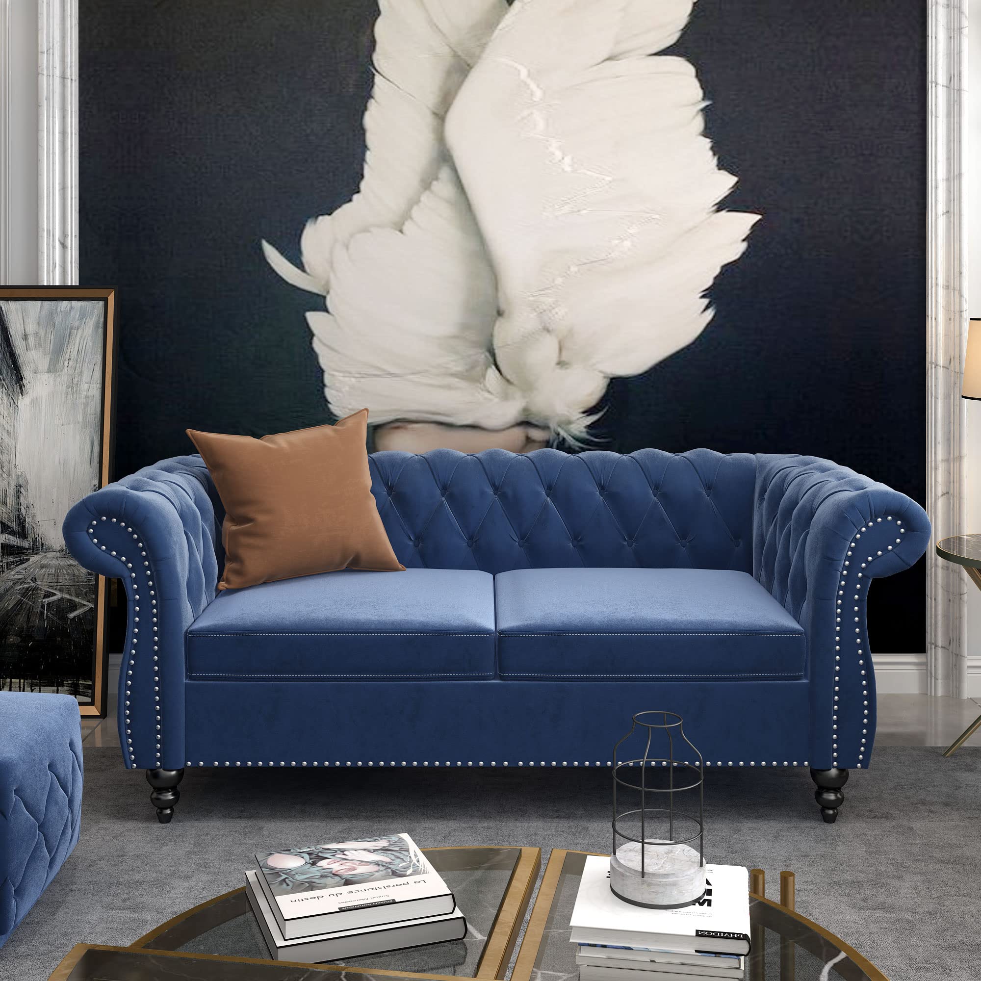 Modern Velvet Chesterfield Loveseat - Tufted 2-Seater Sofa with Scroll Arms & Nailhead Trim - Blue Velvet Couch for Living Room, Bedroom, Office & Apartment | Perfect for Small Spaces, Reading Nooks & Cozy Conversations
