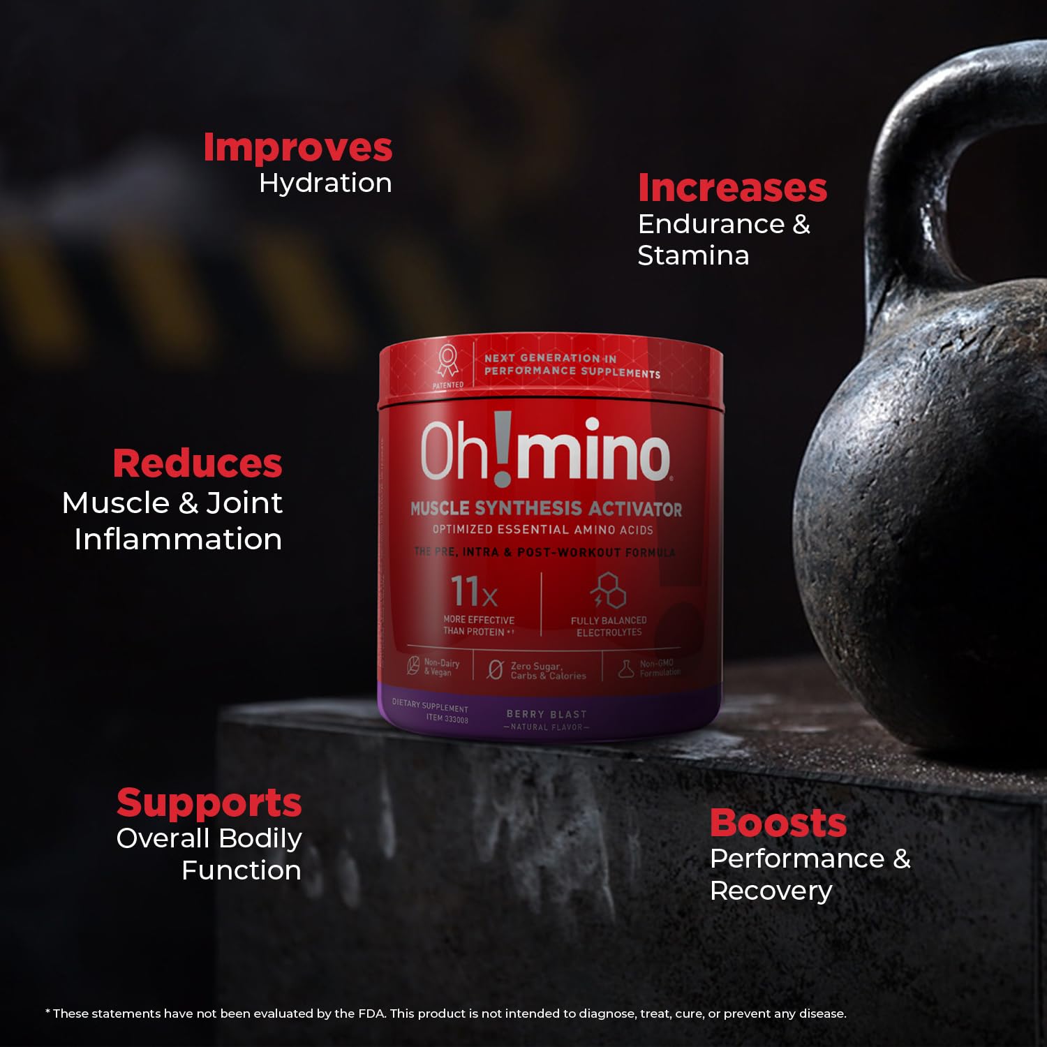 Oh!mino Amino Acids for Muscle Gain - BCAAs Powder Supplement for Pre & Post Workout - Vegan, Caffeinated, Zero Sugar & Net Carbs - 40 Servings (Berry Blast) - Ideal for Gym, Fitness & Recovery