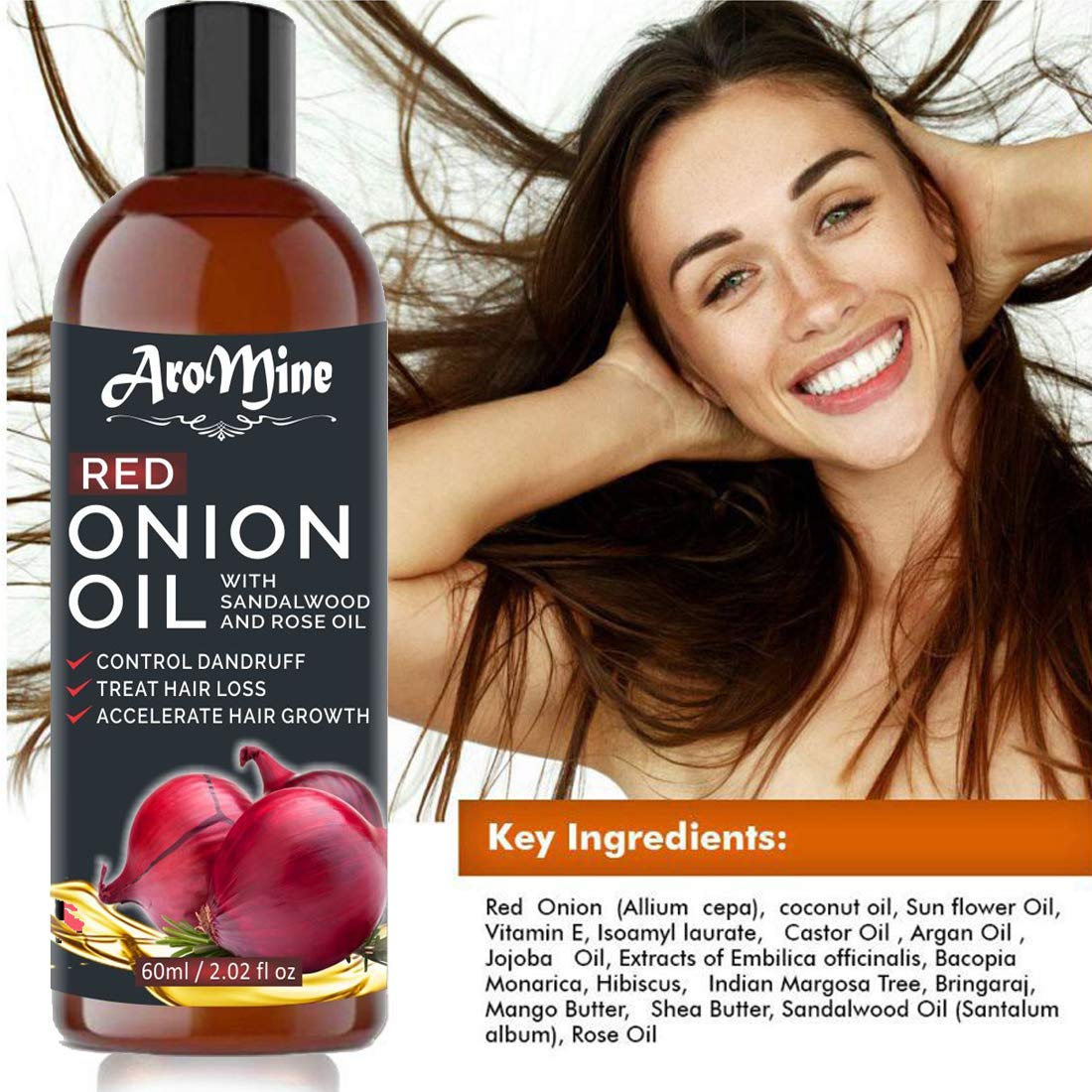 AroMine Red Onion Hair Oil for Hair Growth & Scalp Care - 60ml (2 Pack) - Natural Treatment for Thinning Hair, Dandruff & Split Ends - Perfect for Daily Hair Care Routine & Scalp Massage
