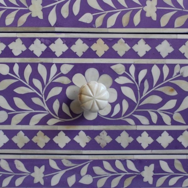 Handmade Bone Inlay Nightstand - Lavender Floral Design 2-Drawer Bedside Table for Bedroom Decor & Storage