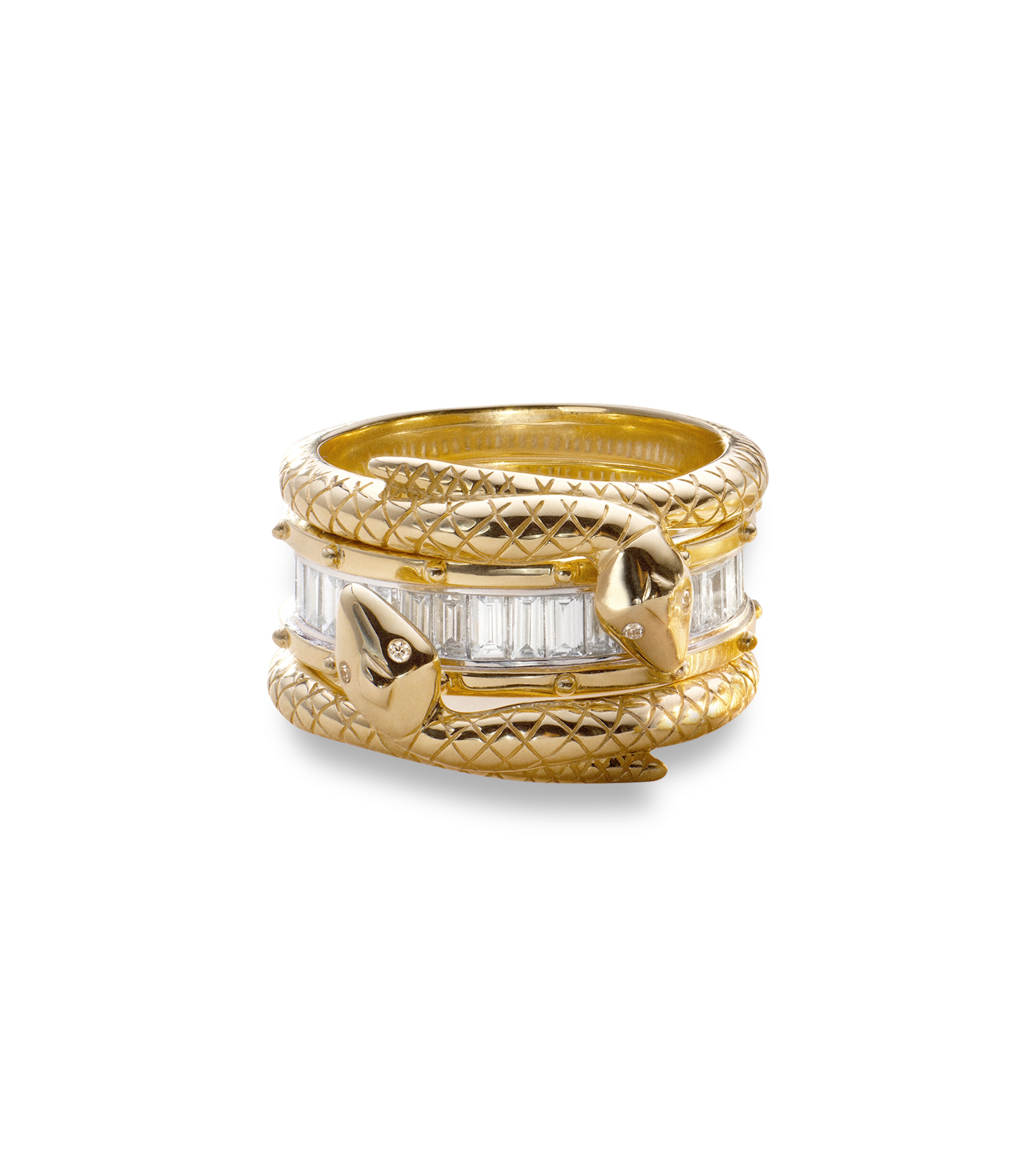 Lovestruck Pierced & Snake Bookend Ring Stack in Yellow Gold with Baguette Diamonds | Elegant Stackable Rings for Women | Perfect for Valentine's Day Gifts, Anniversary Presents & Everyday Jewelry