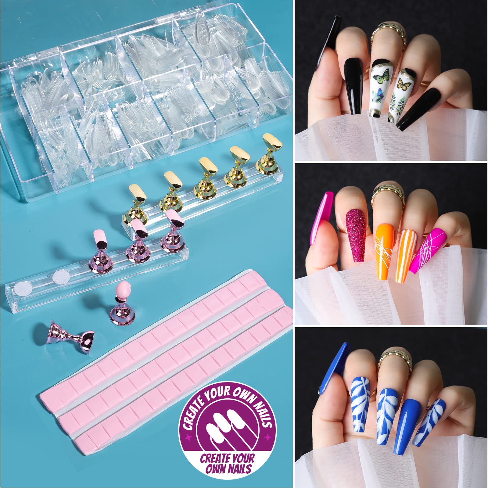 Teenitor Acrylic Fake Nails Kit - 24pcs Press On Nails with Nail Glue, Nail Tips, Nail Art Brushes, Rhinestones & Glitter for DIY Manicure | Perfect for Parties, Weddings, Salon & Home Use