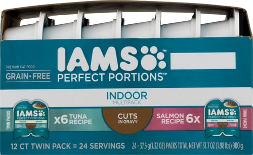 Iams Perfect Portions Indoor Adult Grain-Free Wet Cat Food Pate Variety Pack - Salmon & Tuna Recipes (12 Twin-Pack Trays, 24 Servings, 2.6 oz Each) | Easy Peel Convenience for Daily Feeding | Perfect for Picky Eaters & Sensitive Stomachs