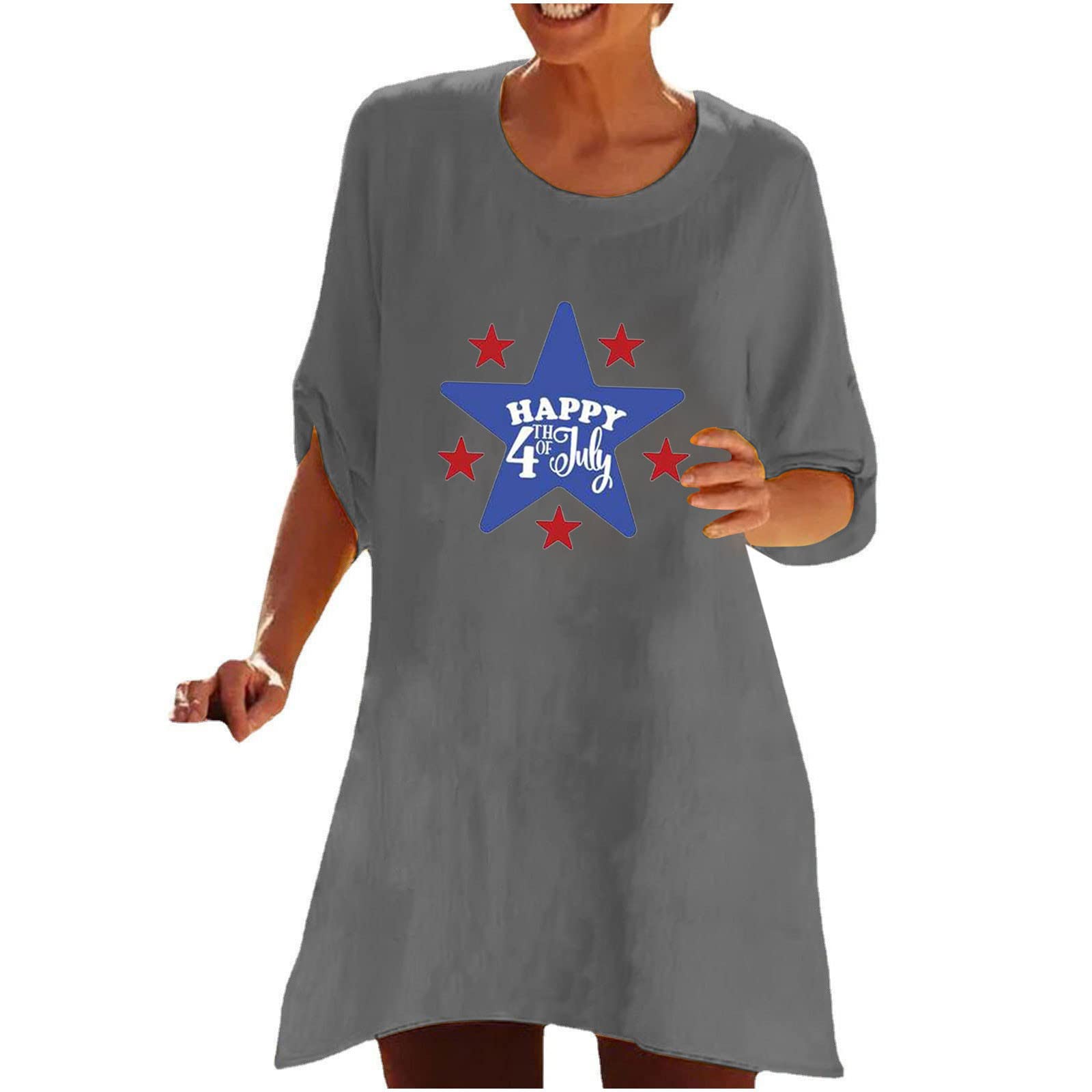 Vintage Linen Short Sleeve Plus Size Women's Shirts - Casual Trendy Baggy 3/4 Sleeve Printed T-Shirts & Blouses for Summer | Perfect for Beach Outings, Casual Wear, and Everyday Comfort