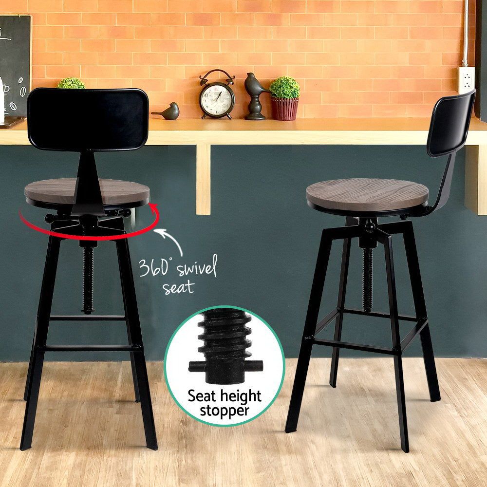Artiss Adjustable Wood Bar Stools with Backrest - Comfortable Kitchen Island & Counter Height Stools for Home & Restaurant Use