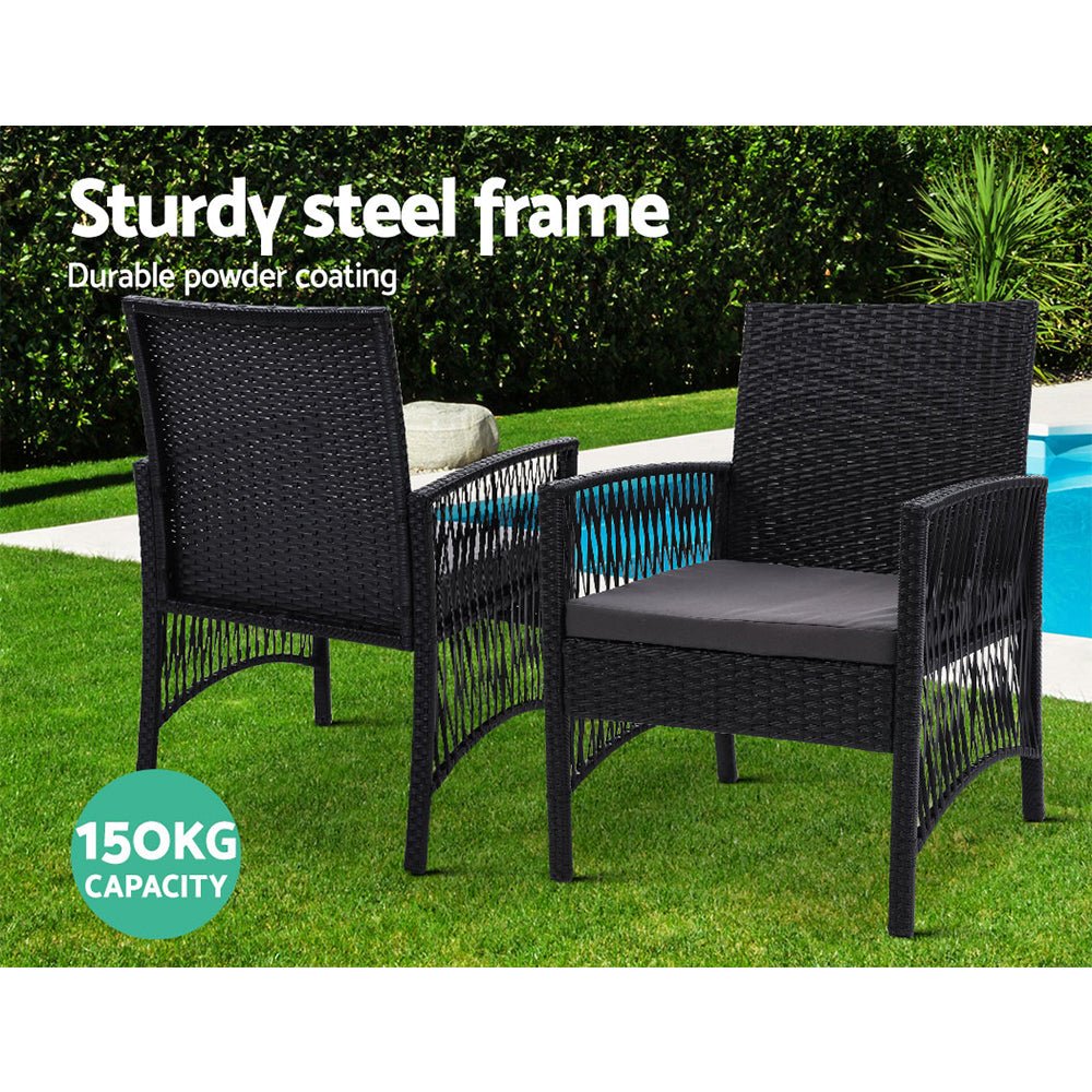 3-Piece Bistro Set Outdoor Patio Furniture - Rattan Table & Chairs with Cushions for Garden, Balcony, Backyard Dining & Relaxation