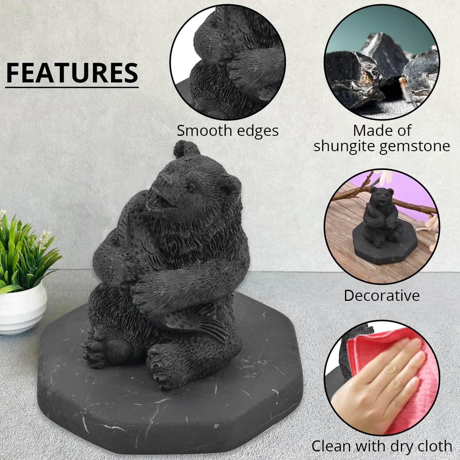 Authentic Shungite Bear with Fish Figurine - Handcrafted Home Decor, Living Room & Office Decoration | Spiritual Healing Stone for Positive Energy & Feng Shui